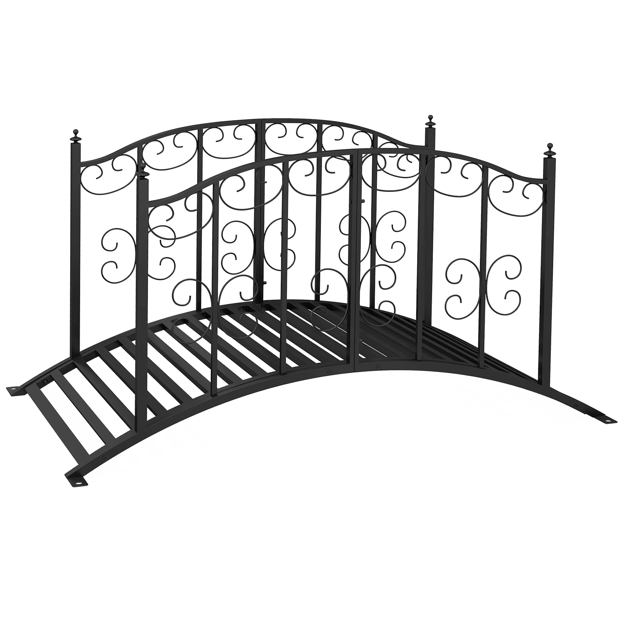 1.2M Metal Garden Bridge with Safety Railings, Vintage Arc Bridge with Scrollwork Pattern, Black - Image 2