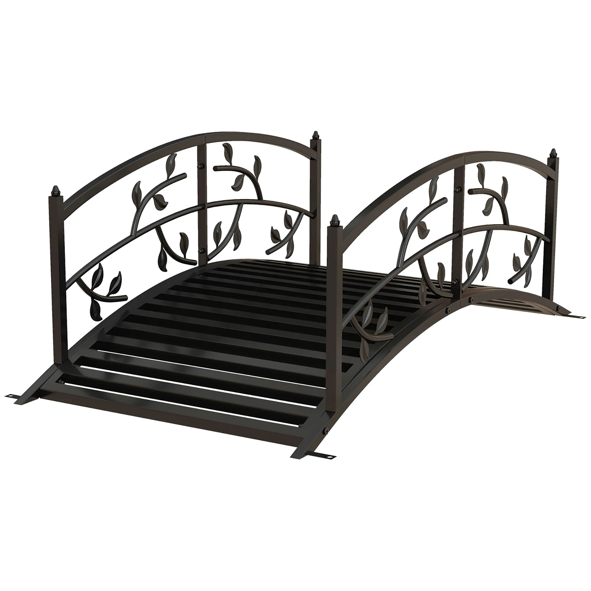 1.2M Metal Garden Bridge with Safety Railings, Vintage Arc Footbridge with Vine Pattern, Black