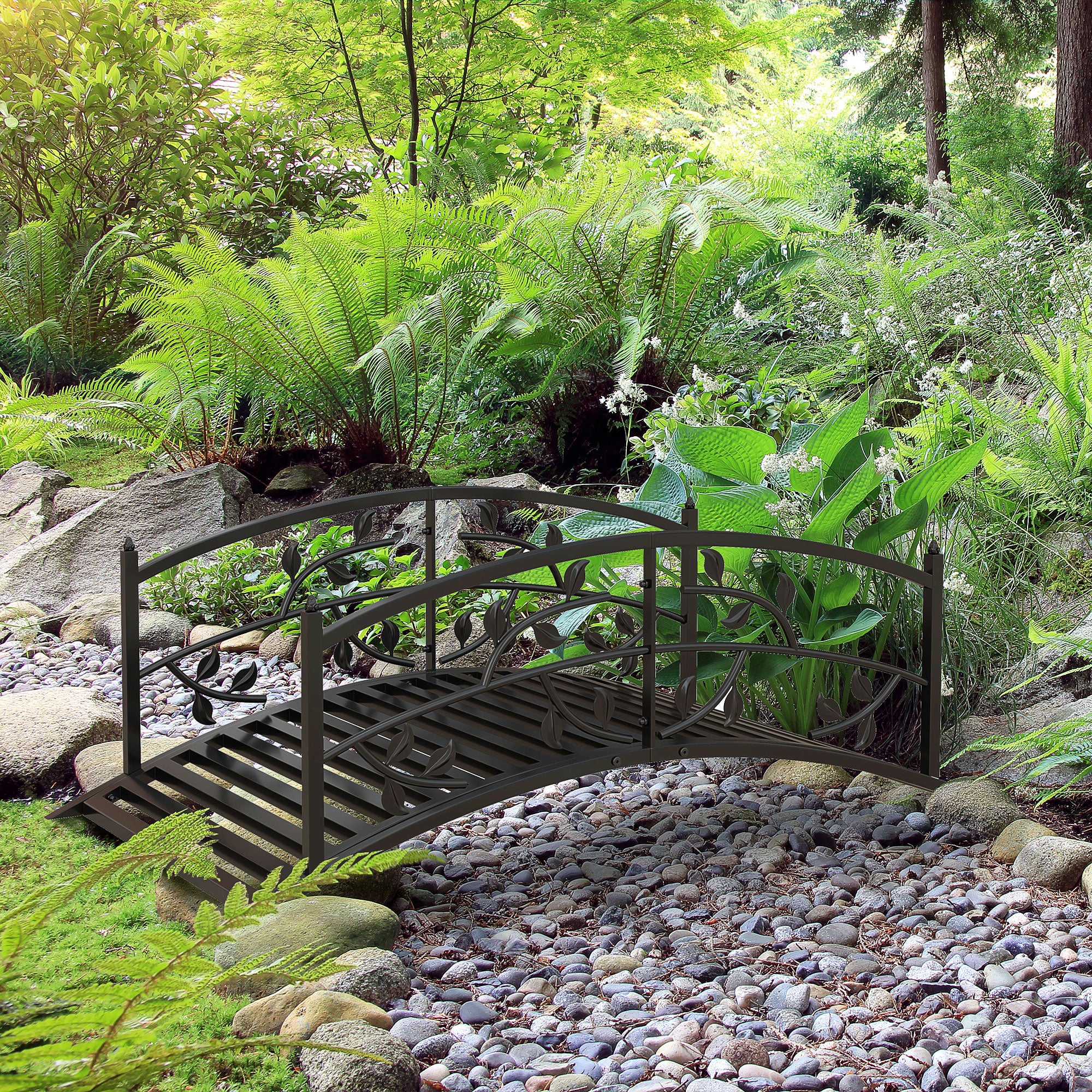 1.2M Metal Garden Bridge with Safety Railings, Vintage Arc Footbridge with Vine Pattern, Black - Image 3