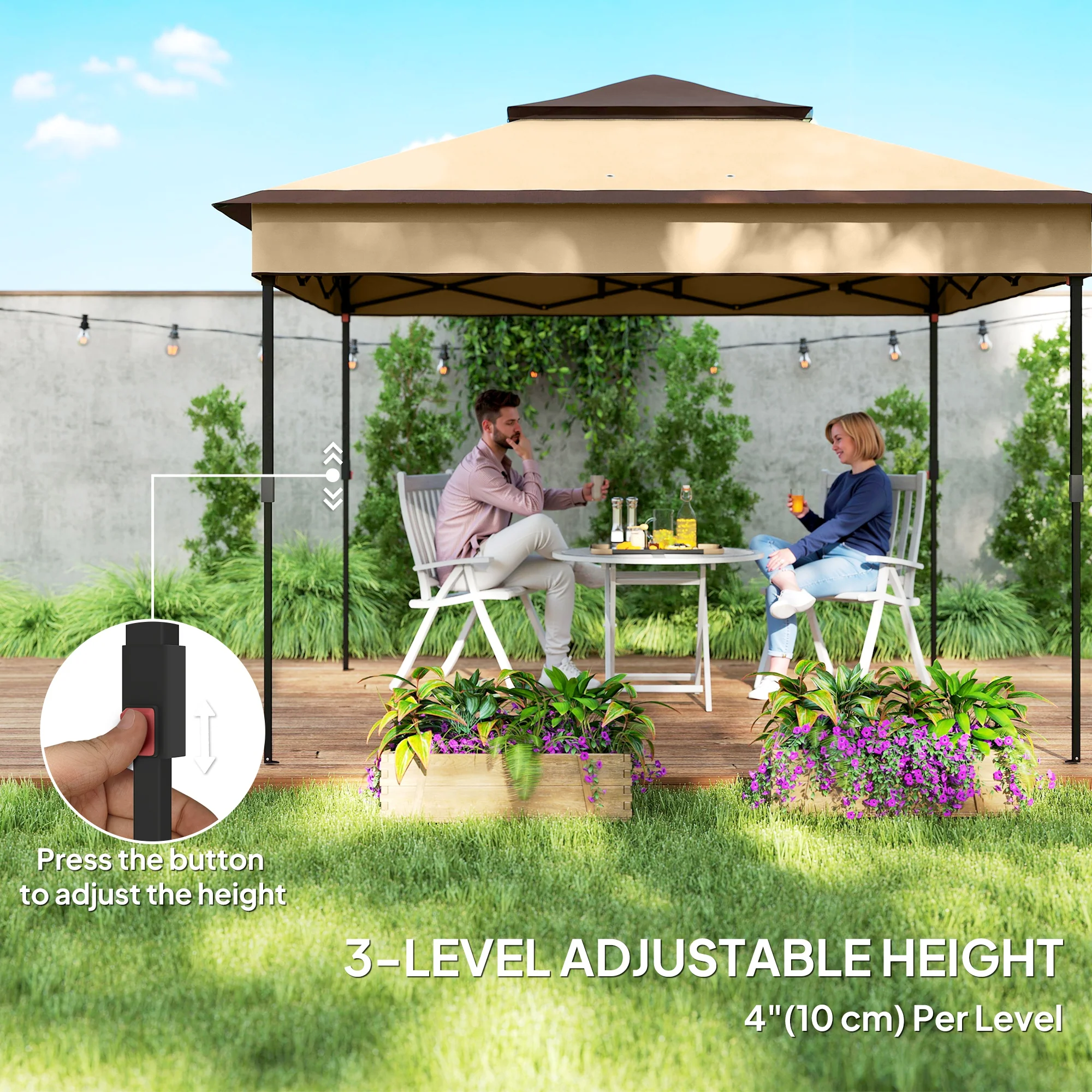 10.7 x 10.7ft Pop Up Gazebo, Adjustable Instant Sun Shelter with UV30+ Roof Cover, Removable Mesh Curtains, Beige - Image 7