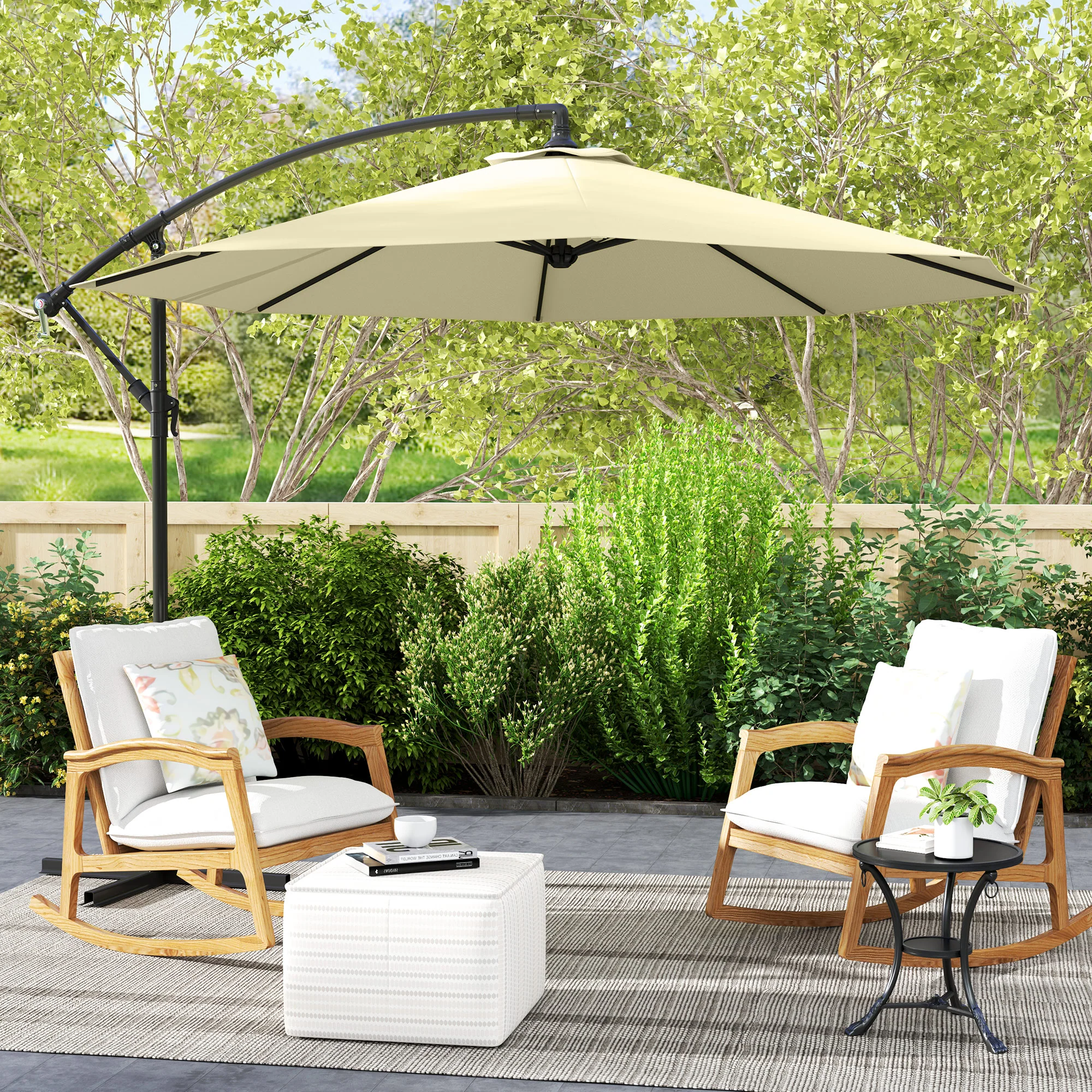 10' Deluxe Patio Umbrella, Outdoor Market Parasol, Banana Hanging Offset Sunshade with Crank, Cross Base, Beige - Image 4