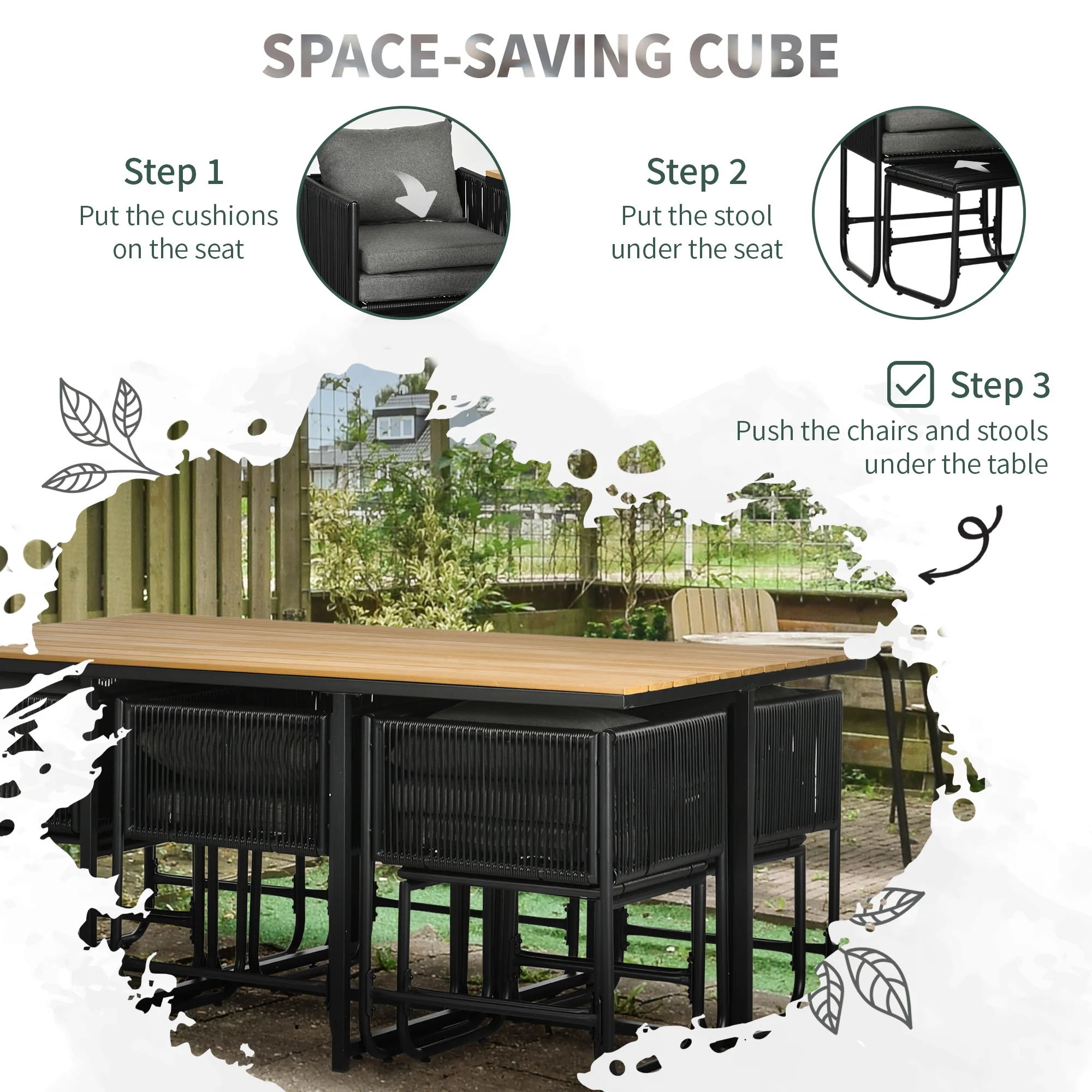 10 Seater Rattan Garden Furniture Set with 6 Armchairs, 4 Stools & Wood Grain Top Table, Black - Image 9