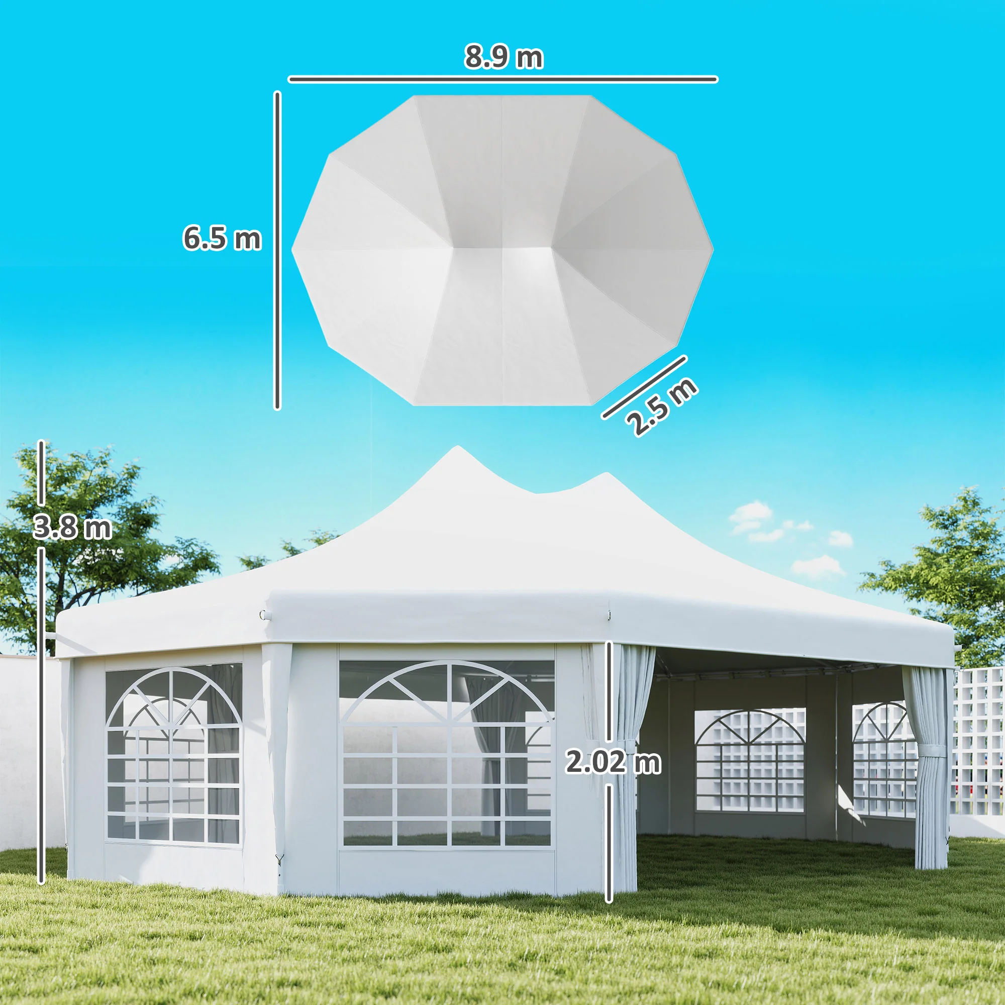 10 Sides Decagonal Garden Gazebo Marquee Party Tent Wedding Canopy Outdoor Heavy Duty Metal Frame (8.9m x 6.5m) - White - Image 5