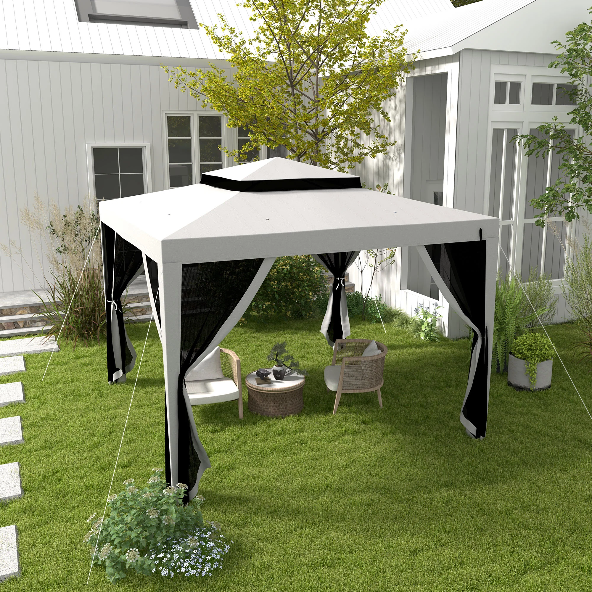 10' x 10' Outdoor Canopy Tent Party Tent with Mesh Netting and Double Tier Roof for Backyard, Garden, Patio, Grey - Image 3