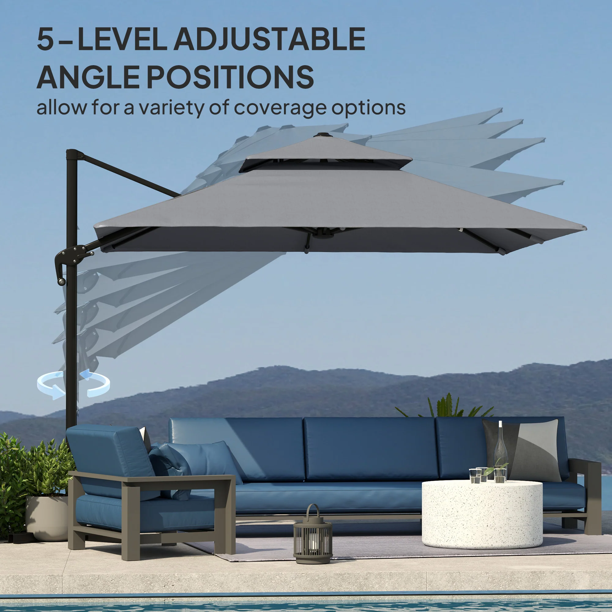 10' x 10' Double Top Square Offset Umbrella with Umbrella Cover, Light Grey - Image 7