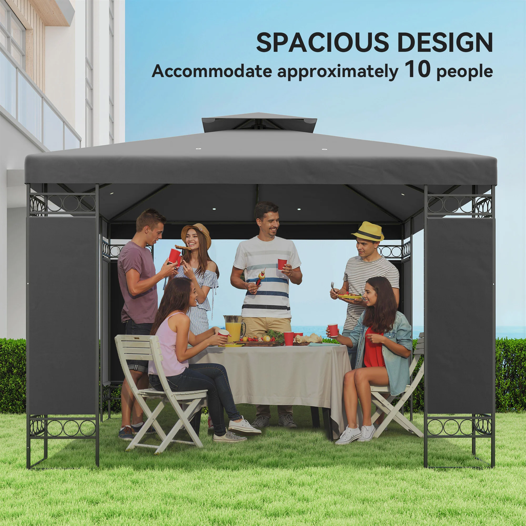 10 x 10 FT Canopy Gazebo, Double Roof Patio Gazebo with Screen Panels and Metal Frame for Deck, Backyard, Dark Grey - Image 8