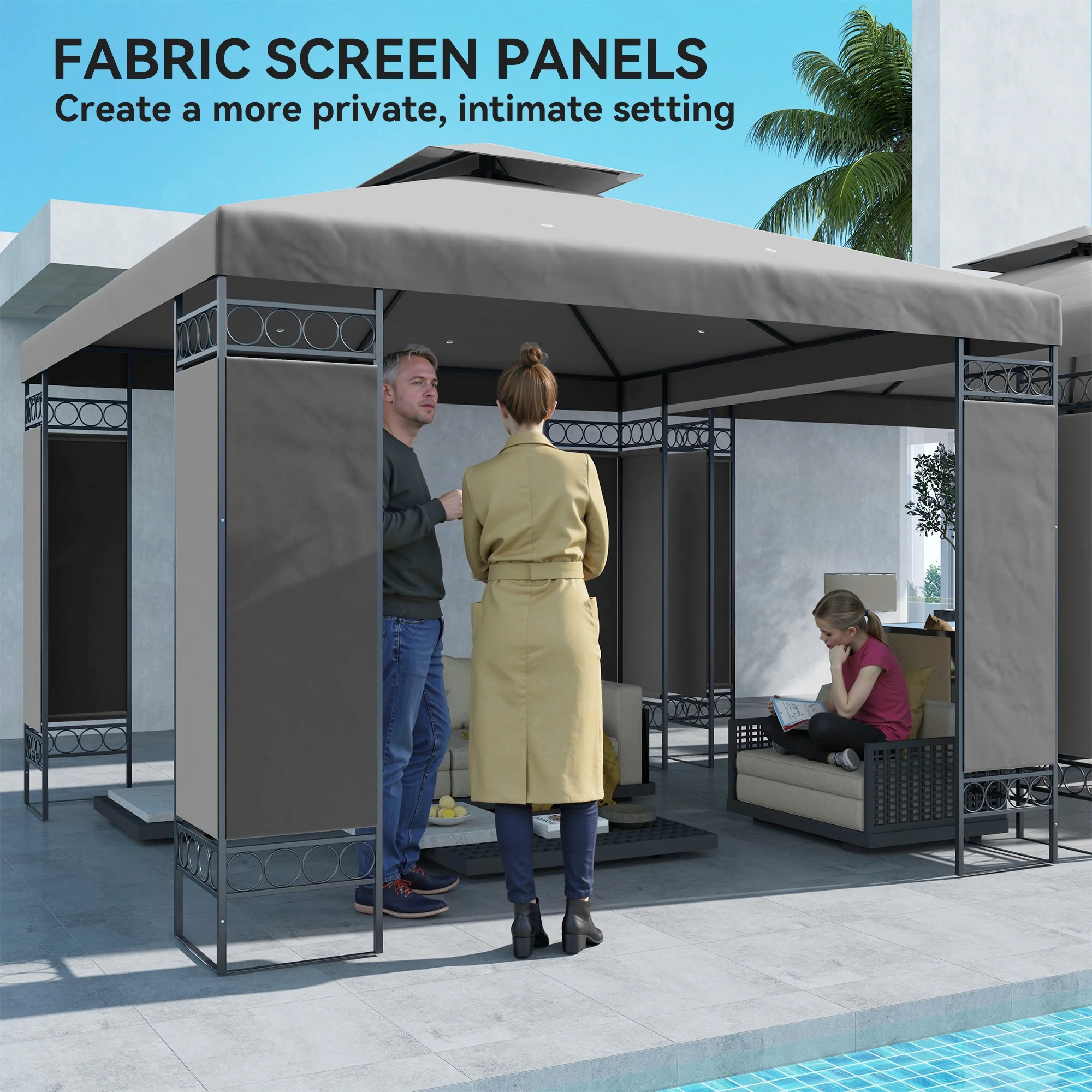 10 x 10 FT Canopy Gazebo, Double Roof Patio Gazebo with Screen Panels and Metal Frame for Deck, Backyard, Dark Grey - Image 9