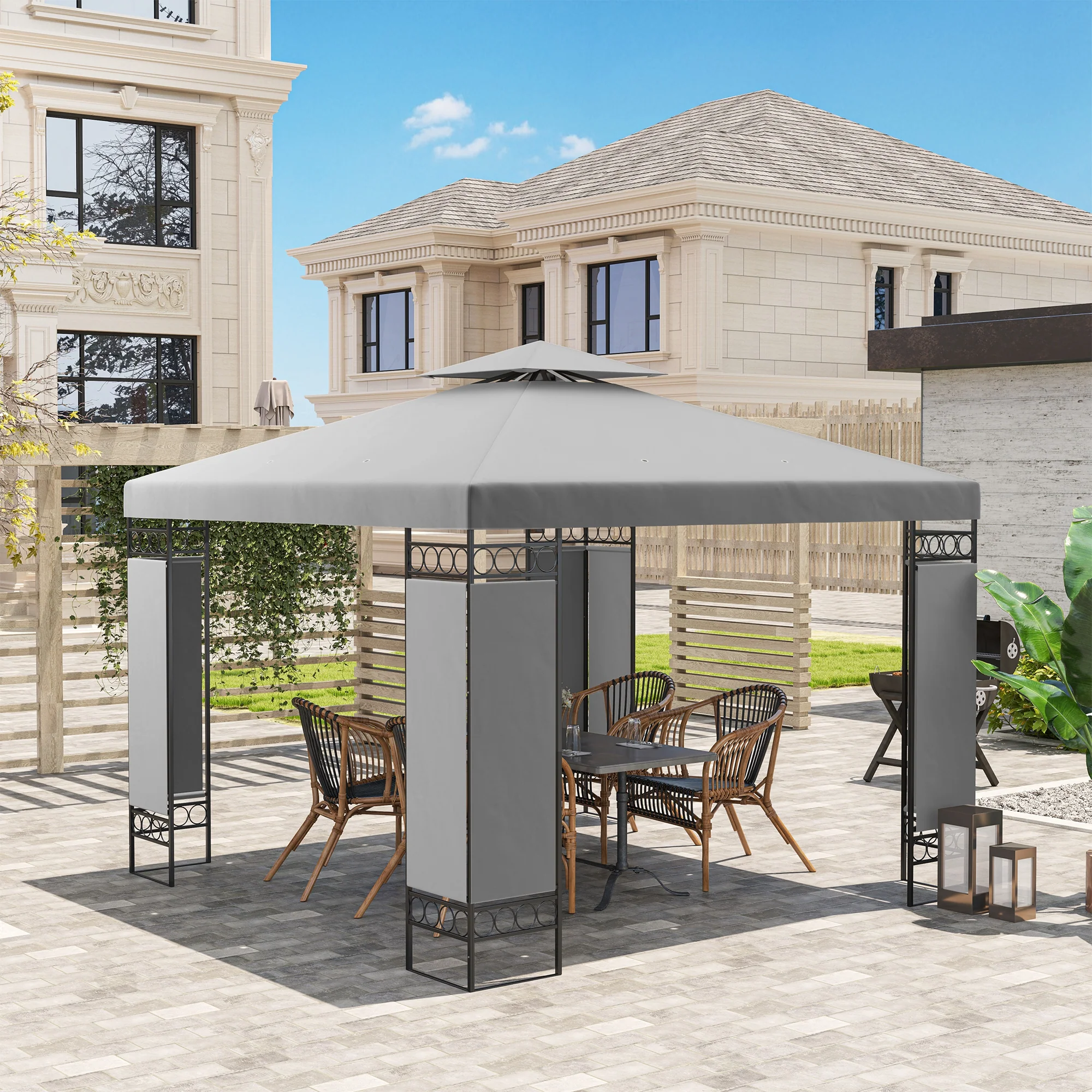 10 x 10 FT Canopy Gazebo, Double Roof Patio Gazebo with Screen Panels and Metal Frame for Deck, Backyard, Light Grey - Image 11