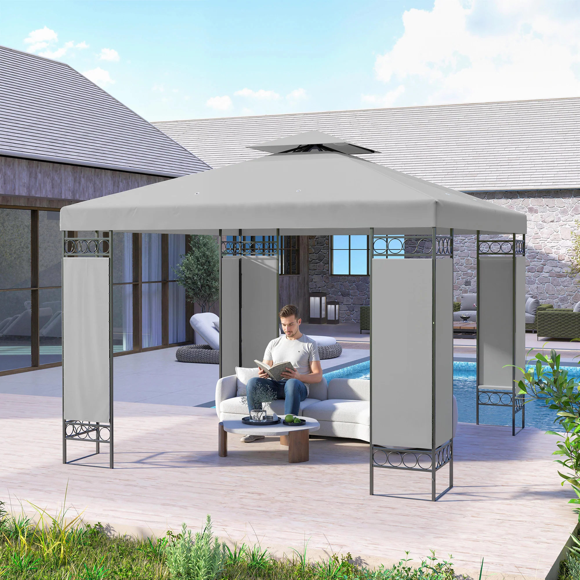 10 x 10 FT Canopy Gazebo, Double Roof Patio Gazebo with Screen Panels and Metal Frame for Deck, Backyard, Light Grey - Image 4