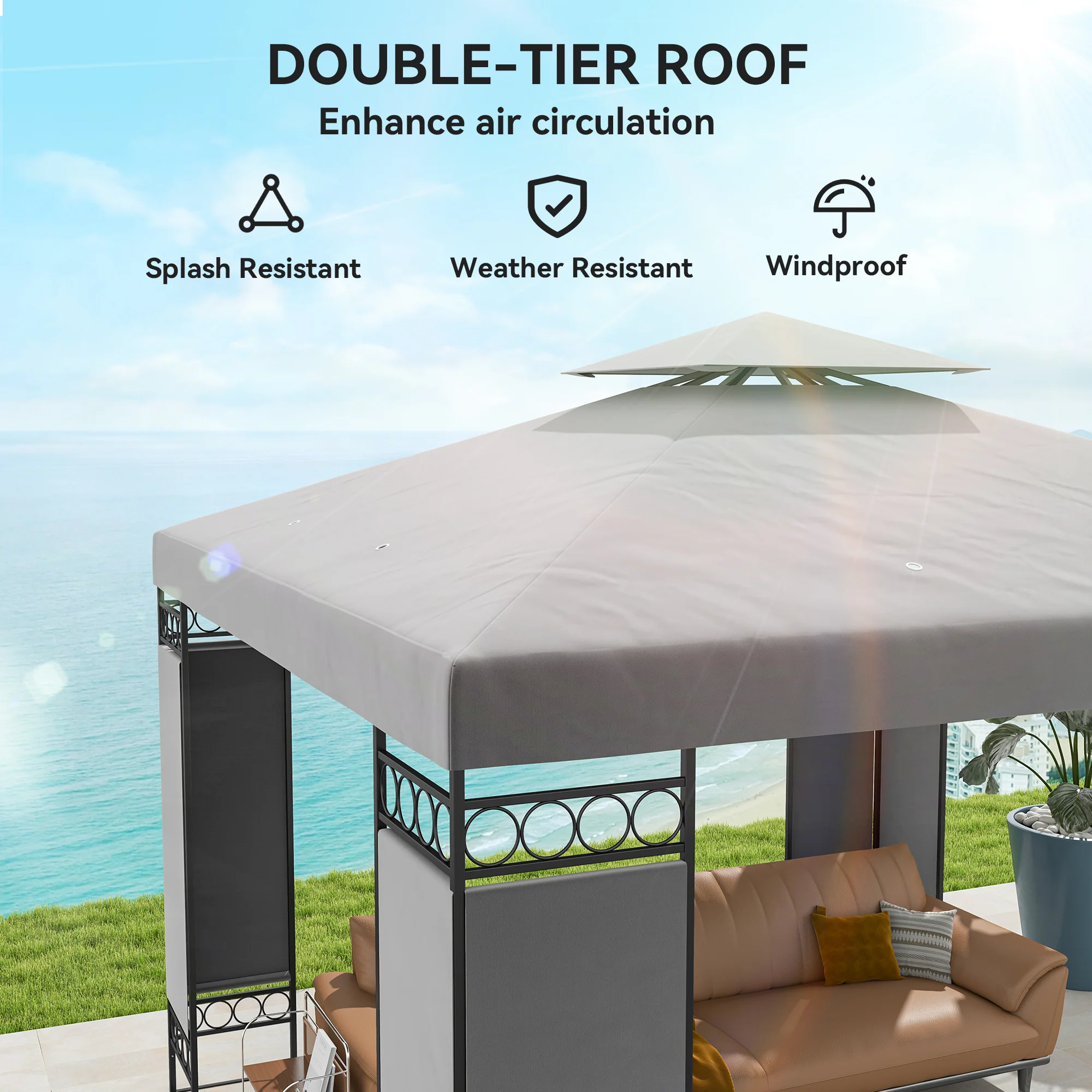 10 x 10 FT Canopy Gazebo, Double Roof Patio Gazebo with Screen Panels and Metal Frame for Deck, Backyard, Light Grey - Image 6