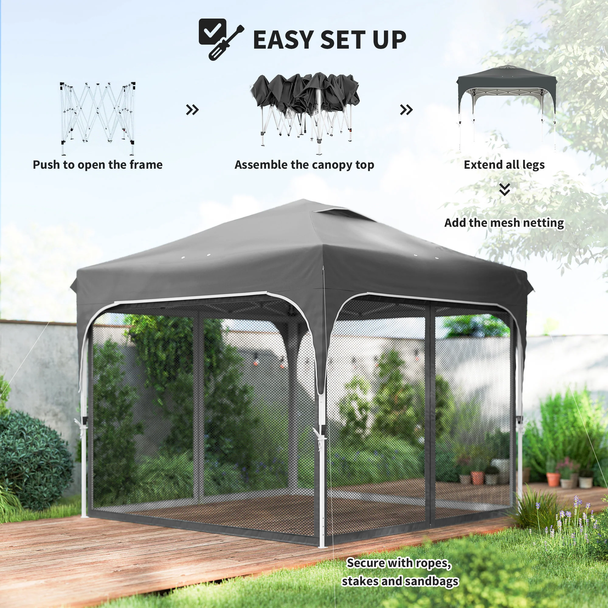 10 x 10 ft Pop Up Canopy Tent with Mosquito Netting, UPF 50+ Central Lock Easy Setup Outdoor Party Tent, Dark Grey - Image 6