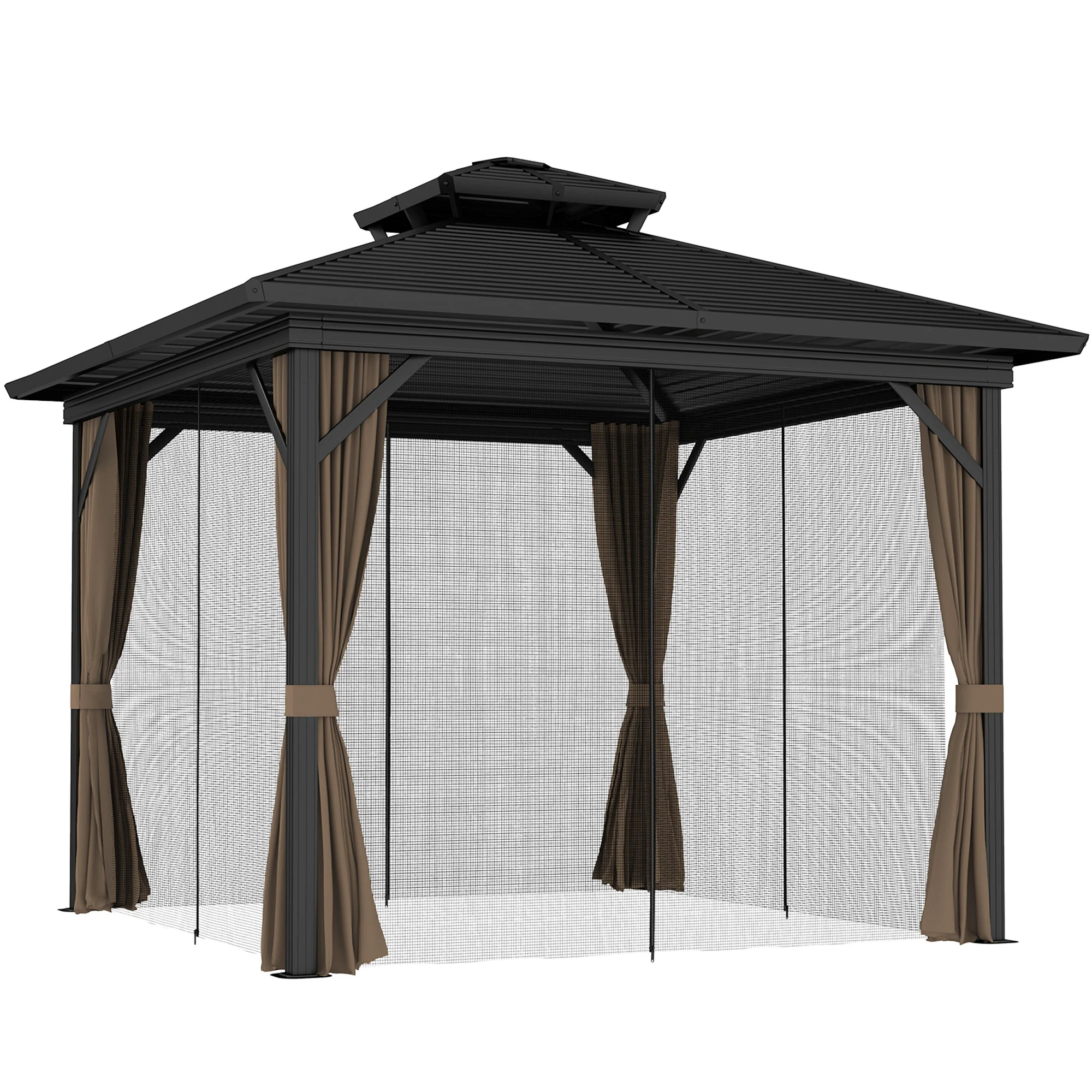 10' x 10' Hardtop Gazebo with Double Roof & Mosquito Netting, Dark Brown - Image 12