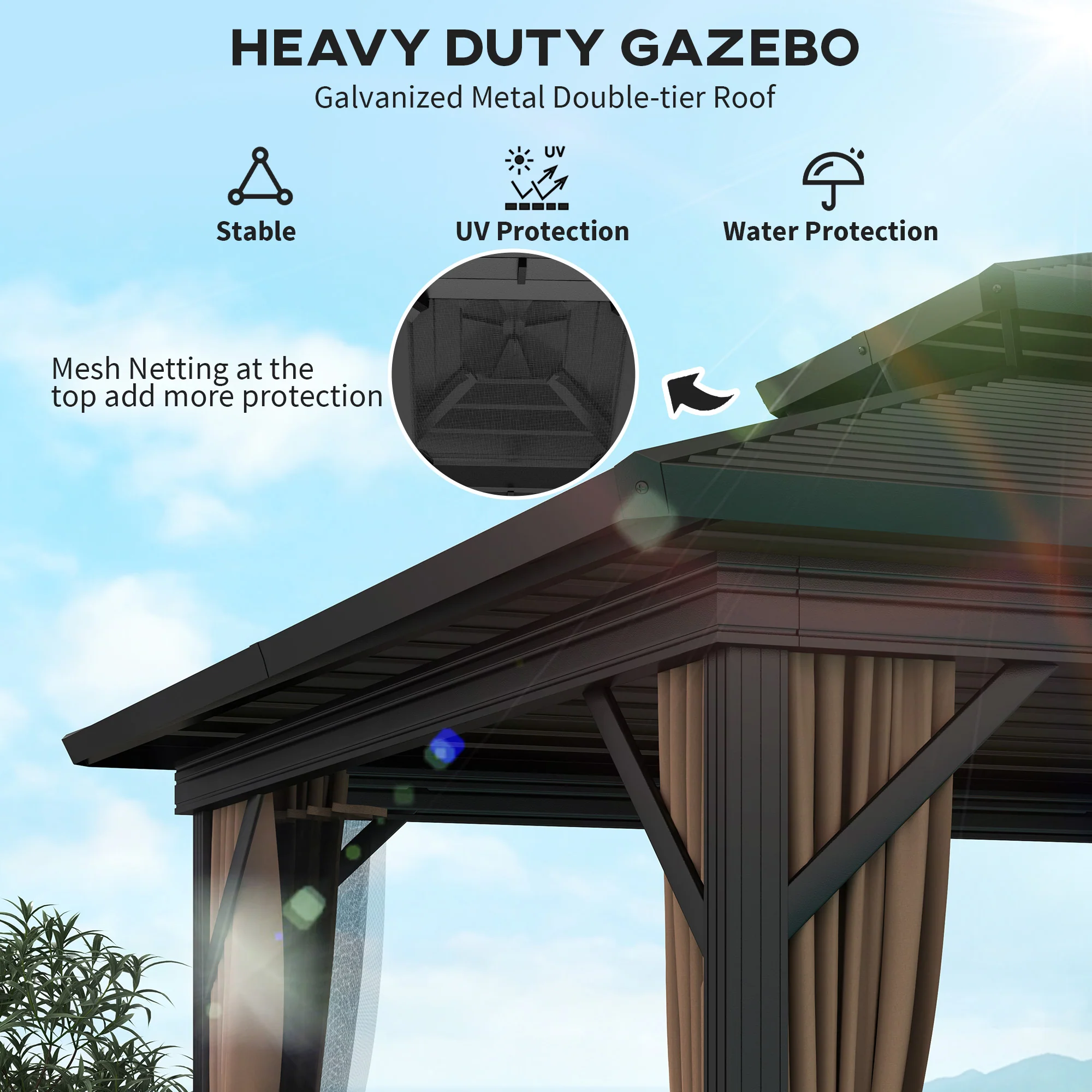 10' x 10' Hardtop Gazebo with Double Roof & Mosquito Netting, Dark Brown - Image 6