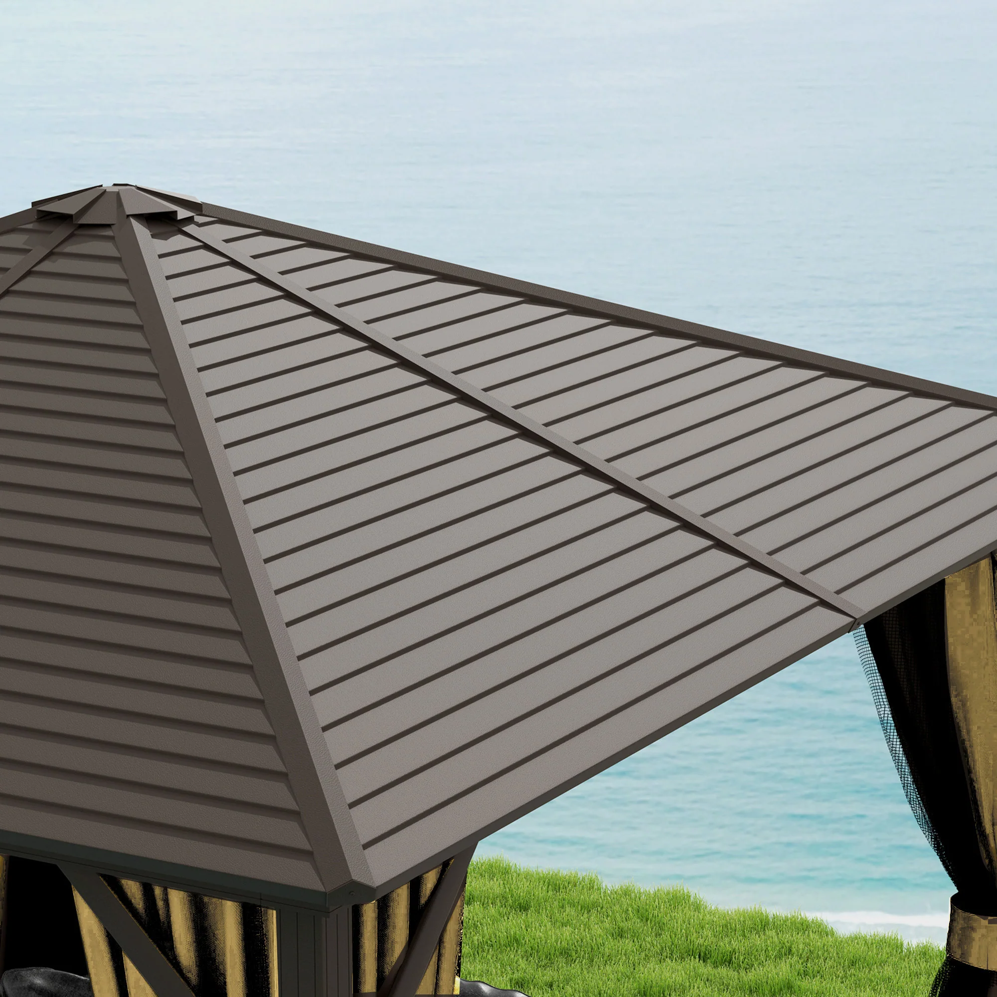 10' x 10' Hardtop Gazebo with Mosquito Netting & Aluminum Frame, Brown - Image 10