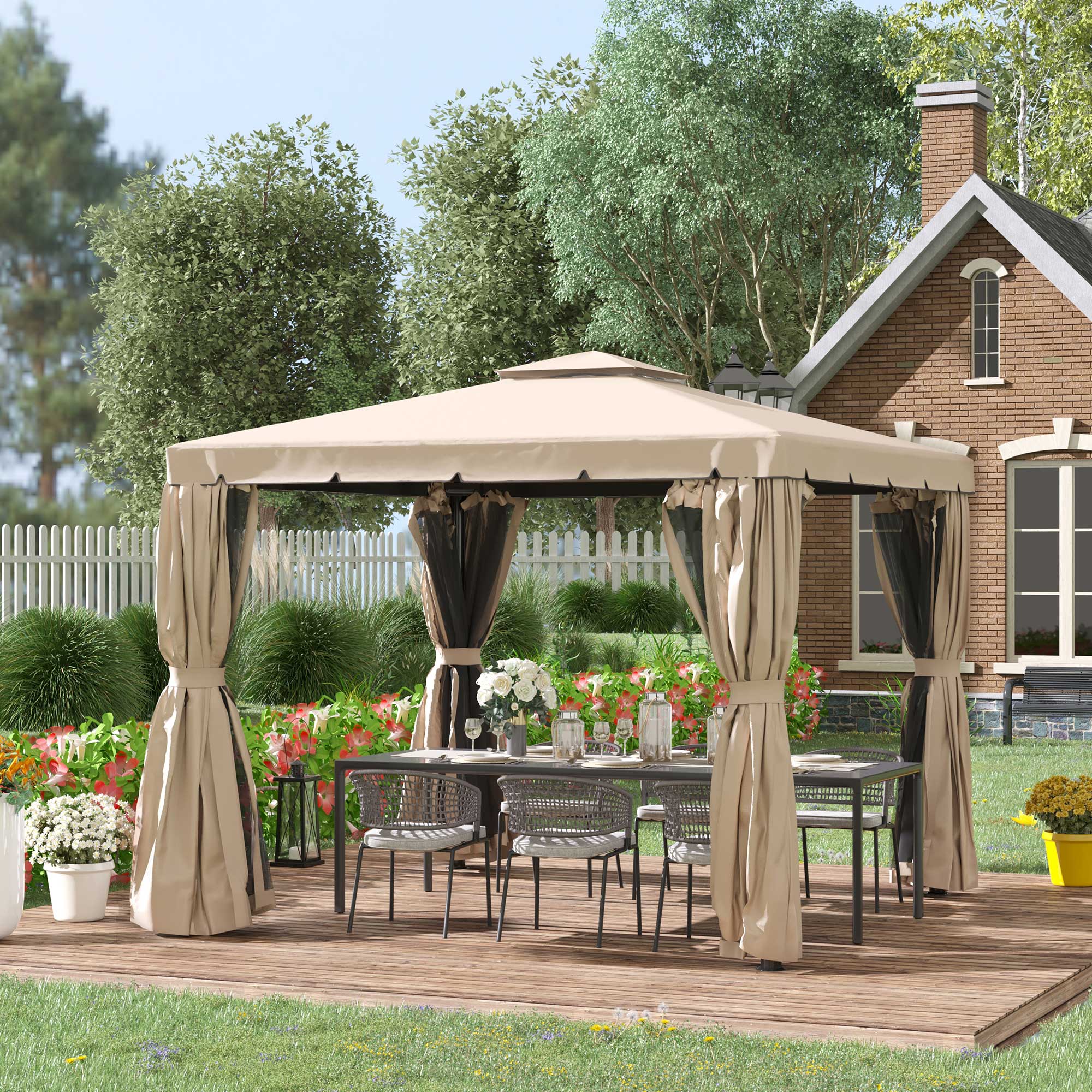 10' x 13' Soft-top Gazebo with Polyester Curtains & Mesh Screens, Khaki - Image 3