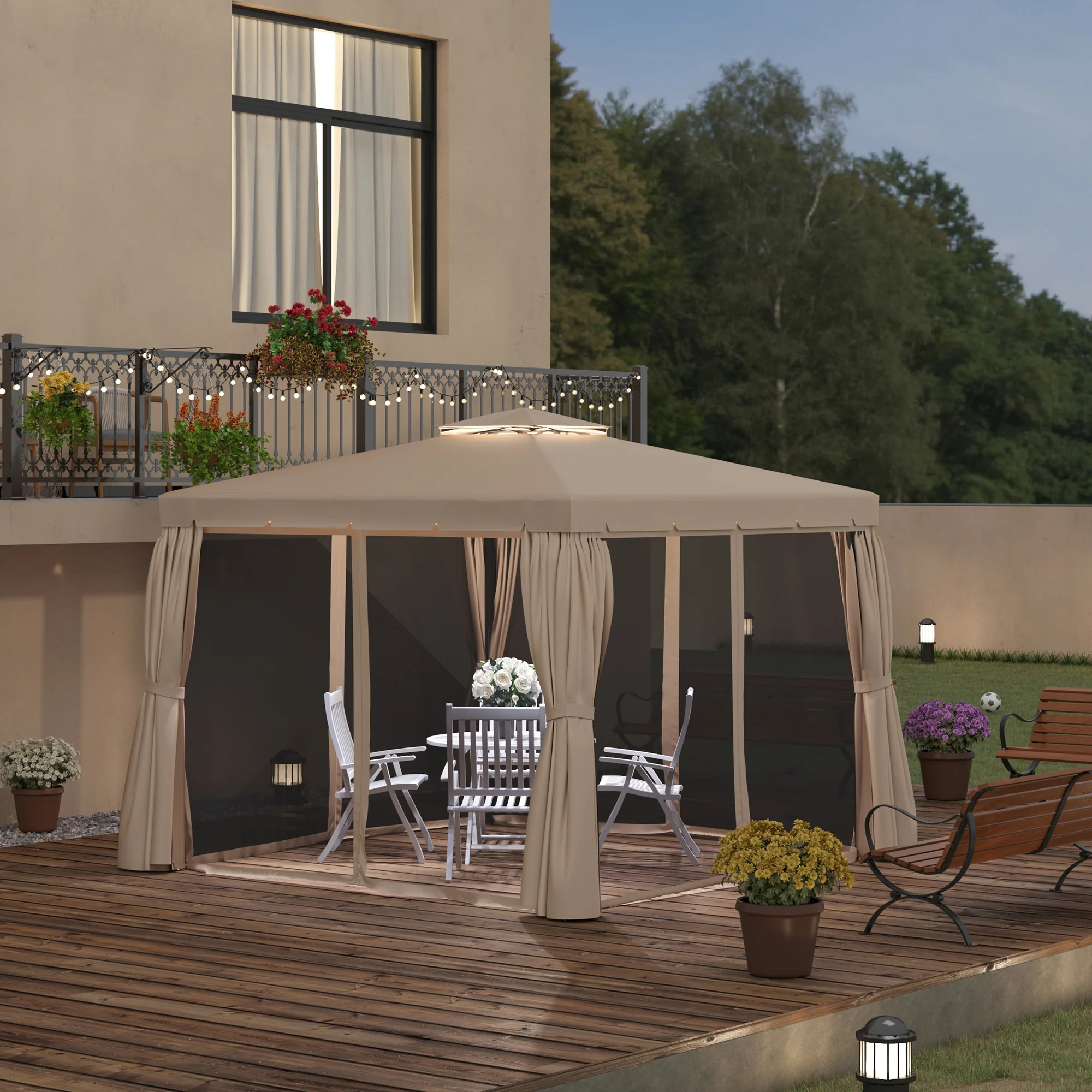 10' x 13' Soft-top Gazebo with Polyester Curtains & Mesh Screens, Khaki - Image 4