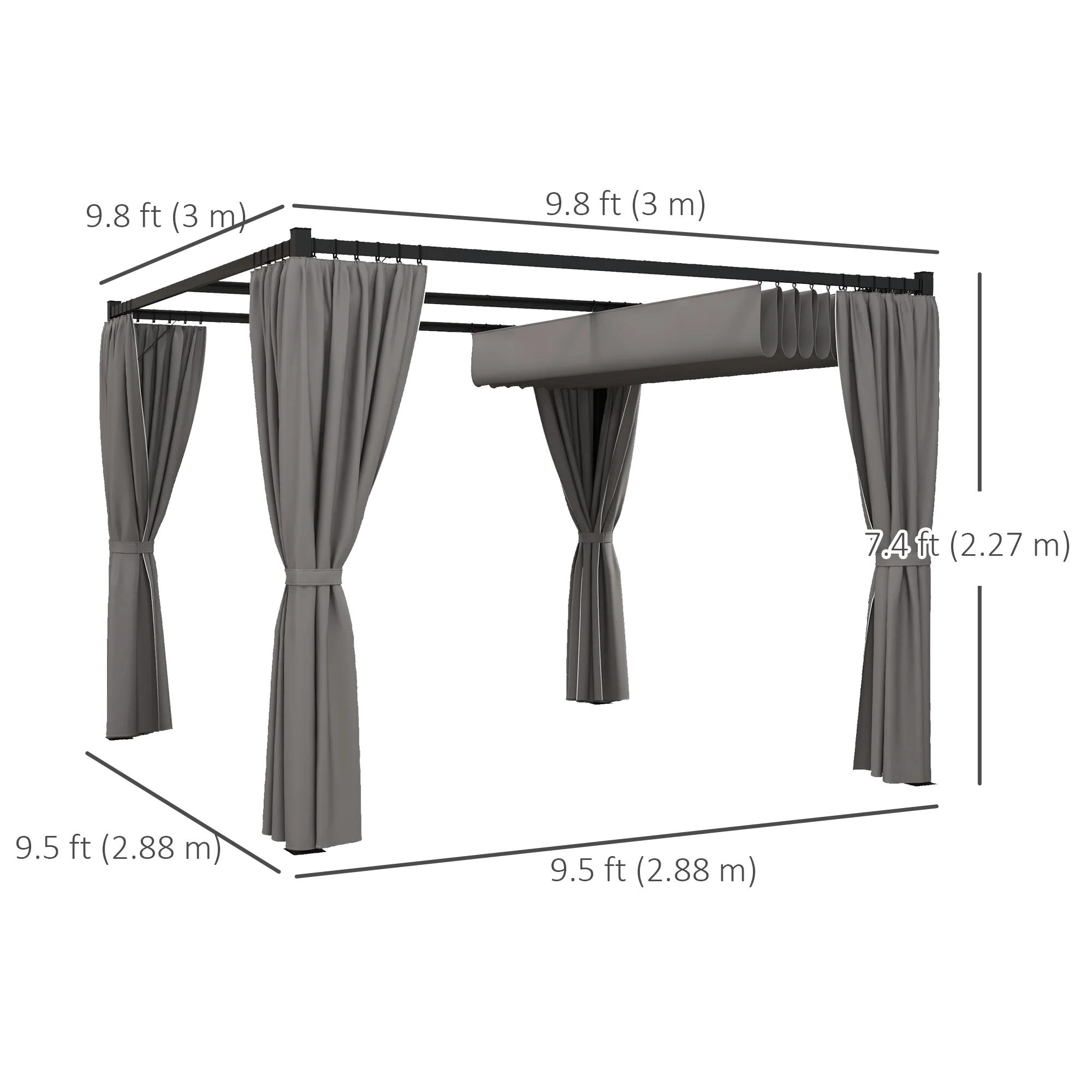 10' x 10' Pergola with Retractable Canopy & Curtains, Light Grey - Image 5