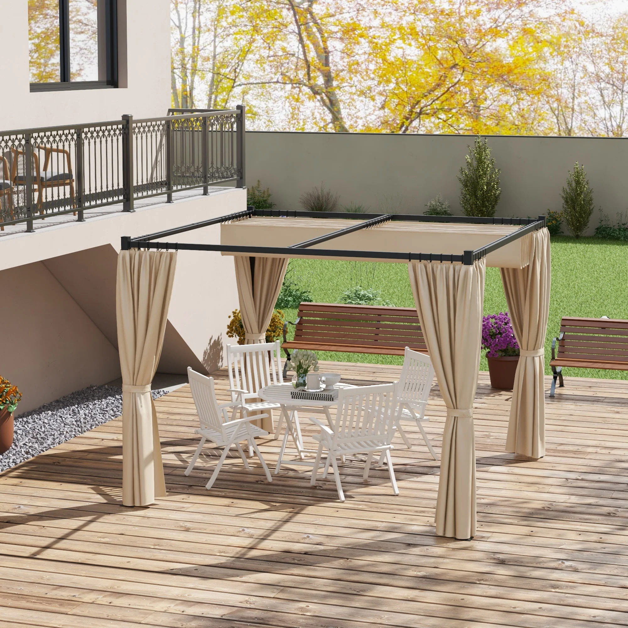 10' x 10' Pergola with Retractable Canopy & Curtains, Beige - Image 3