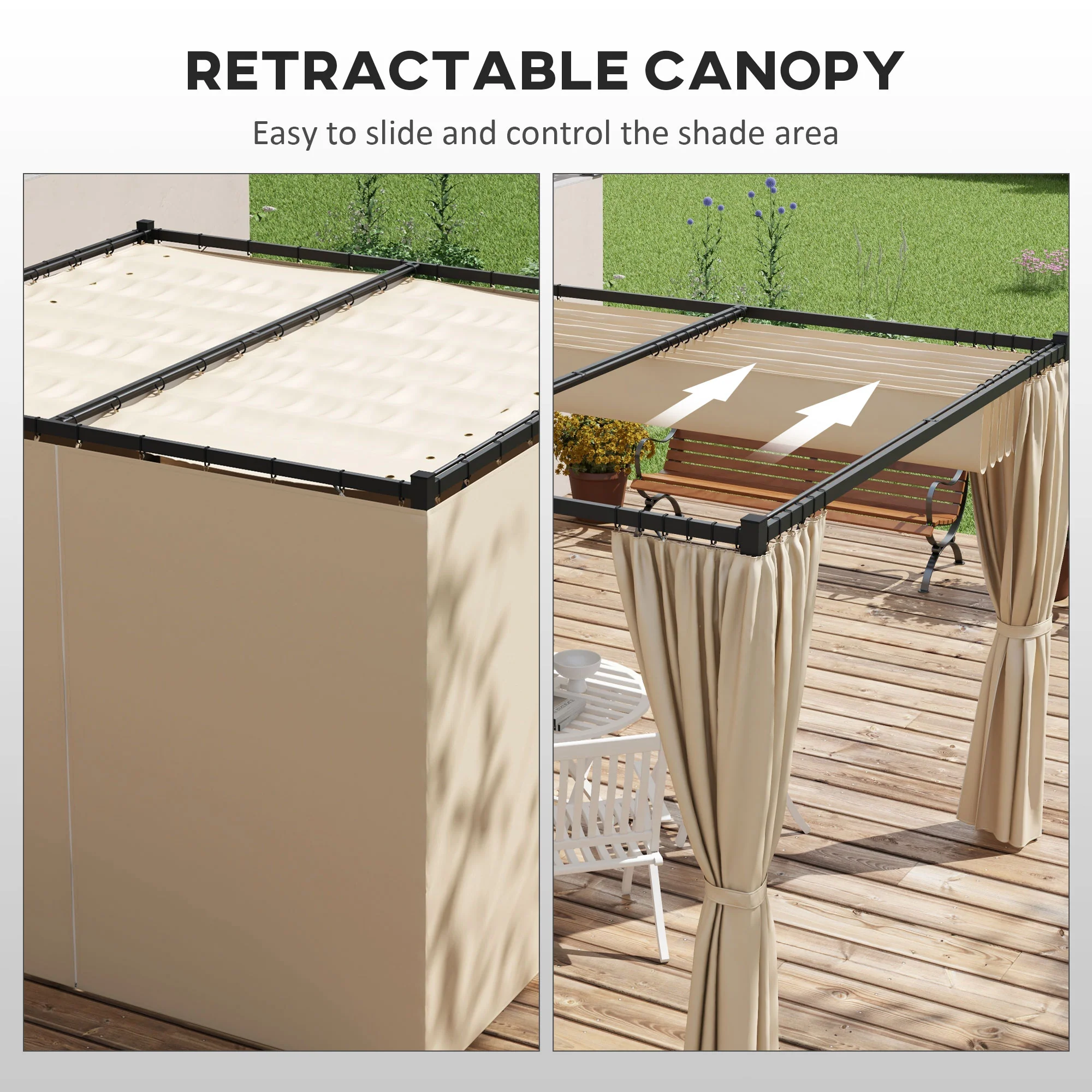 10' x 10' Pergola with Retractable Canopy & Curtains, Beige - Image 6