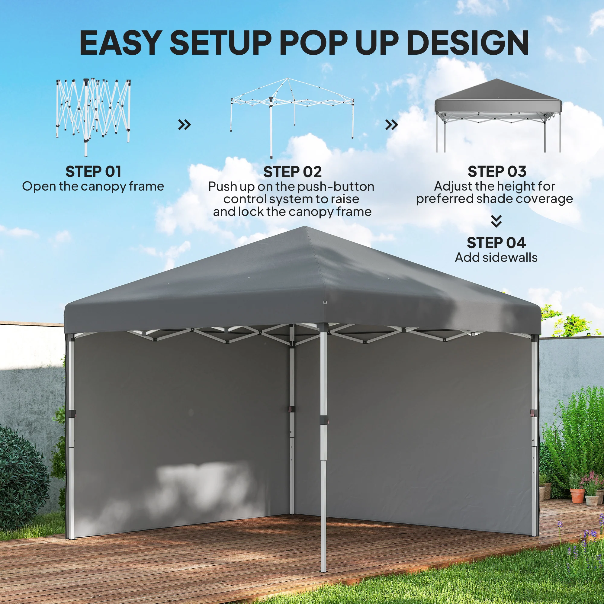 10' x 10' Pop Up Canopy Tent with Removable Sidewalls, Instant Shelter with Portable Roller Bag, 4 Sand Bags, Adjustable Height for Outdoor, Garden, Patio, Dark Grey - Image 7