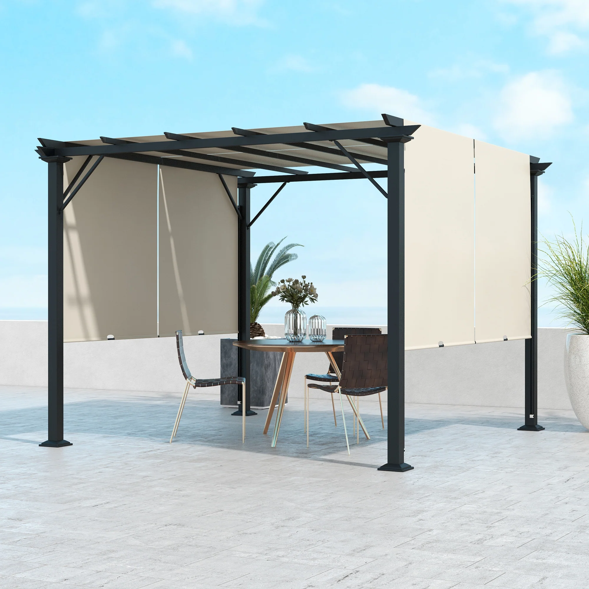 10' x 10' Outdoor Gazebo with Sun Shade Canopy and Steel Frame, Beige - Image 3
