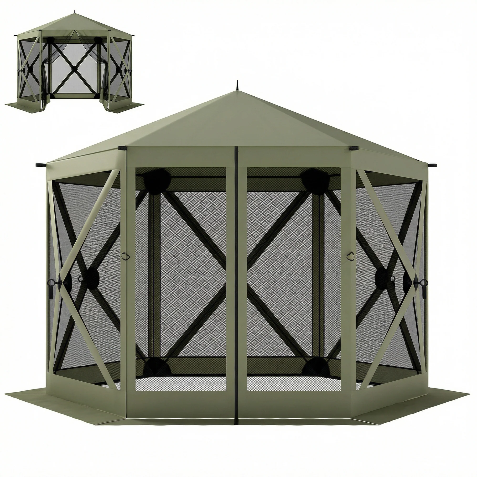 10 x 11 ft Pop Up Gazebo Screen Tent, Outdoor Portable Instant Camping Canopy Screen House Sun Shelter with Mesh Nettings, Carry Bag, Ground Stakes, Ropes for Patio, Backyard, Dark Green - Image 2
