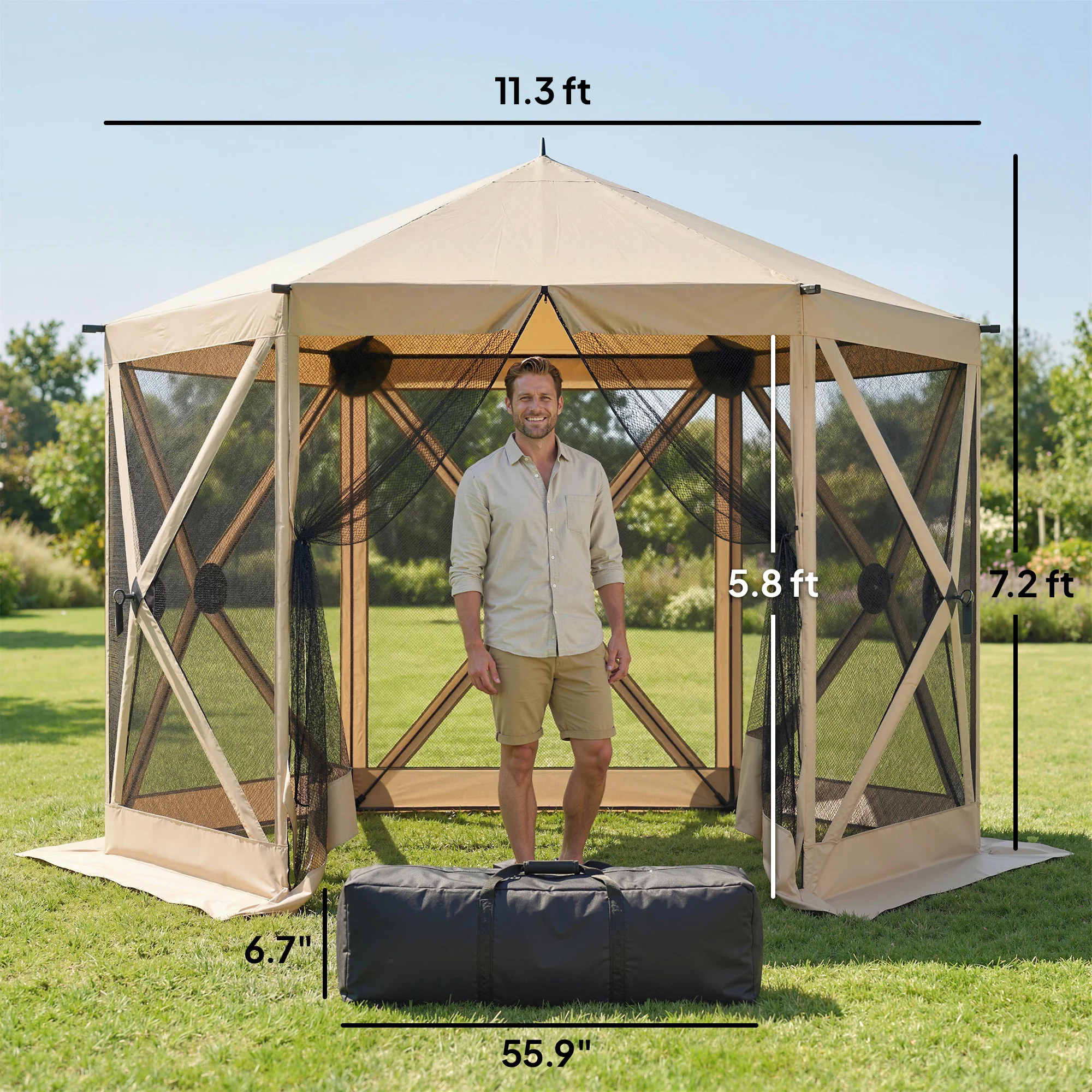 10 x 11 ft Pop Up Gazebo Screen Tent, Outdoor Portable Instant Camping Canopy Screen House Sun Shelter with Mesh Nettings, Carry Bag, Ground Stakes, Ropes for Patio, Backyard, Beige - Image 5
