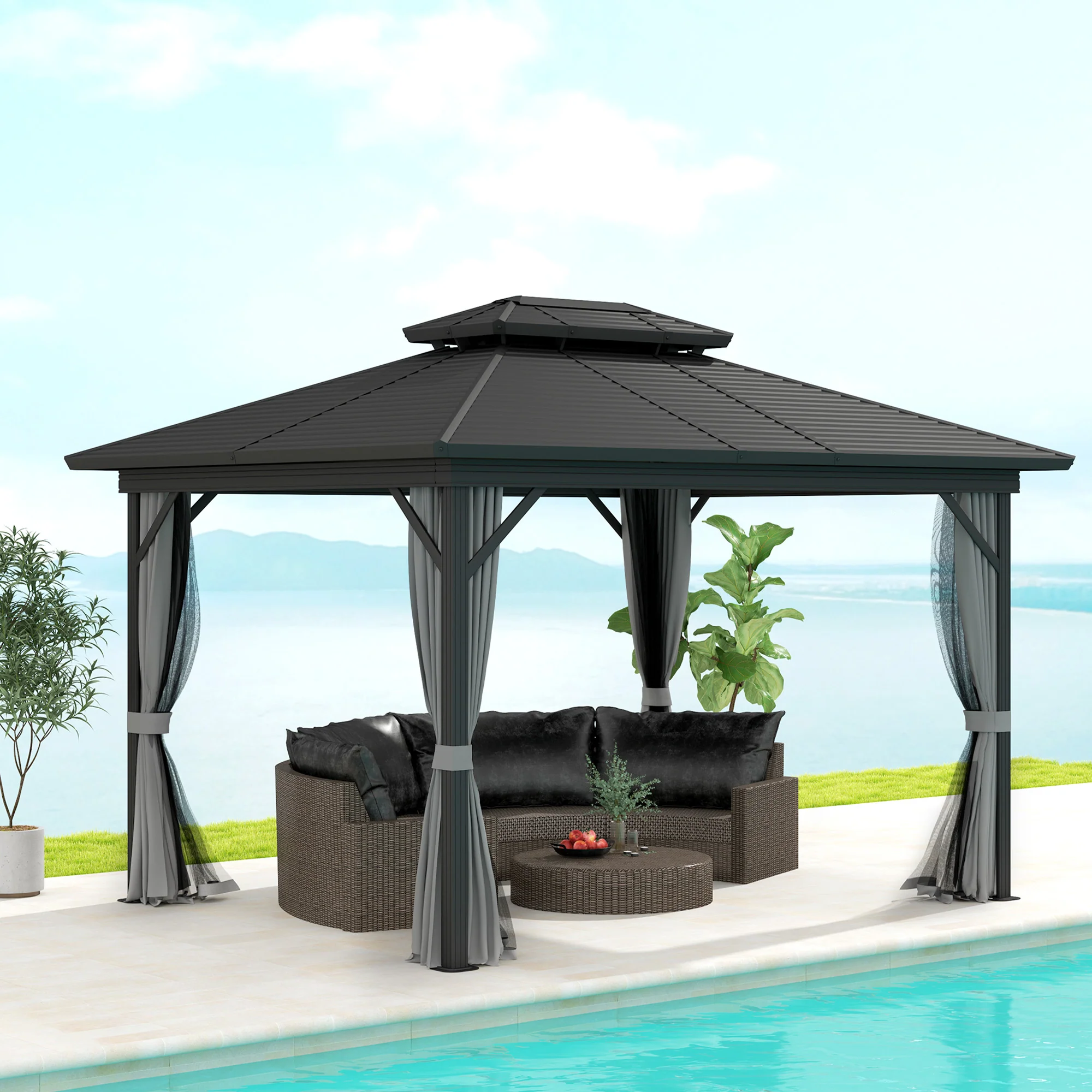 10' x 12' Hardtop Gazebo with Double Roof & Mosquito Netting, Light Grey - Image 3