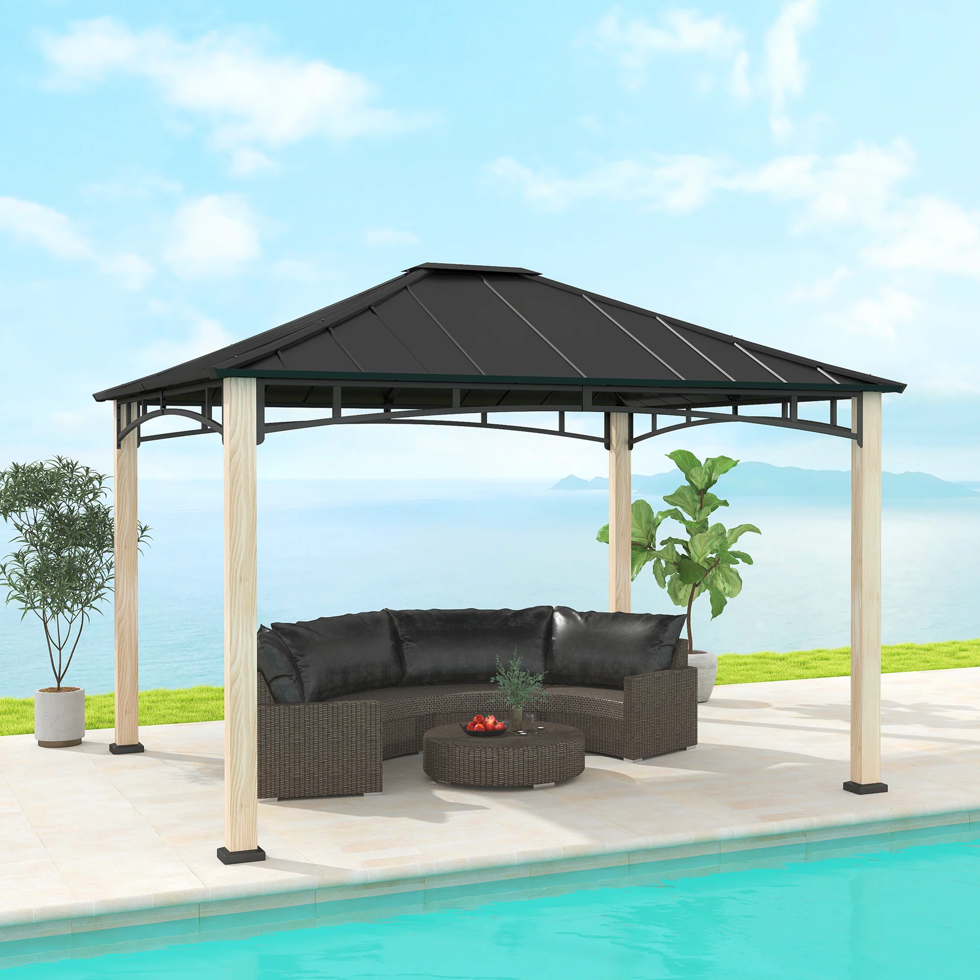 10' x 12' Hardtop Gazebo with Galvanized Metal Roof & Wood Grain Frame - Image 3