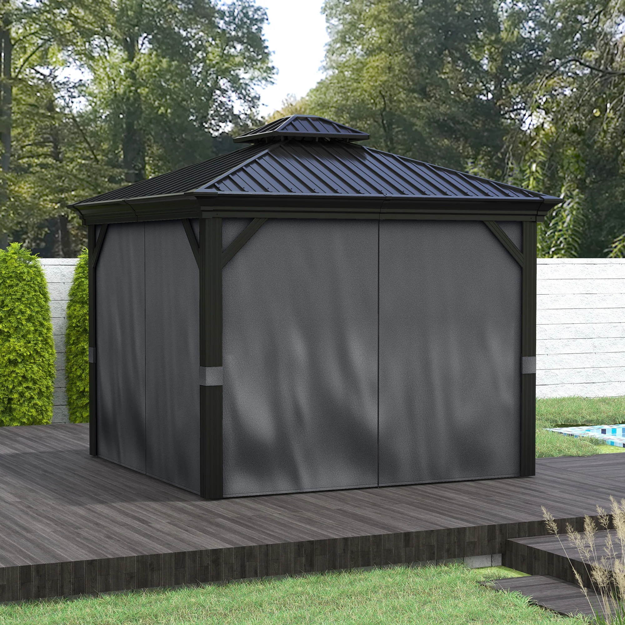 10' x 12' Double Roof Hardtop Gazebo with Netting and Curtains, Dark Grey - Image 4