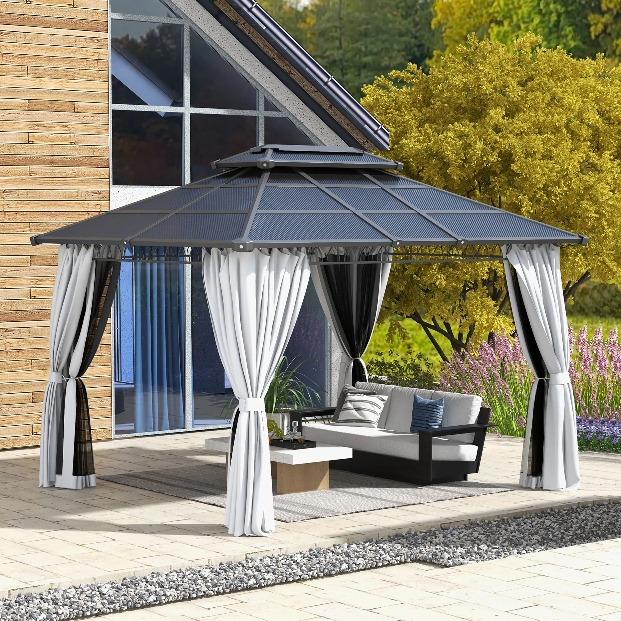 10' x 12' Outdoor Gazebo Canopy with Polycarbonate Roof, Nettings and Curtains, Light Grey - Image 4