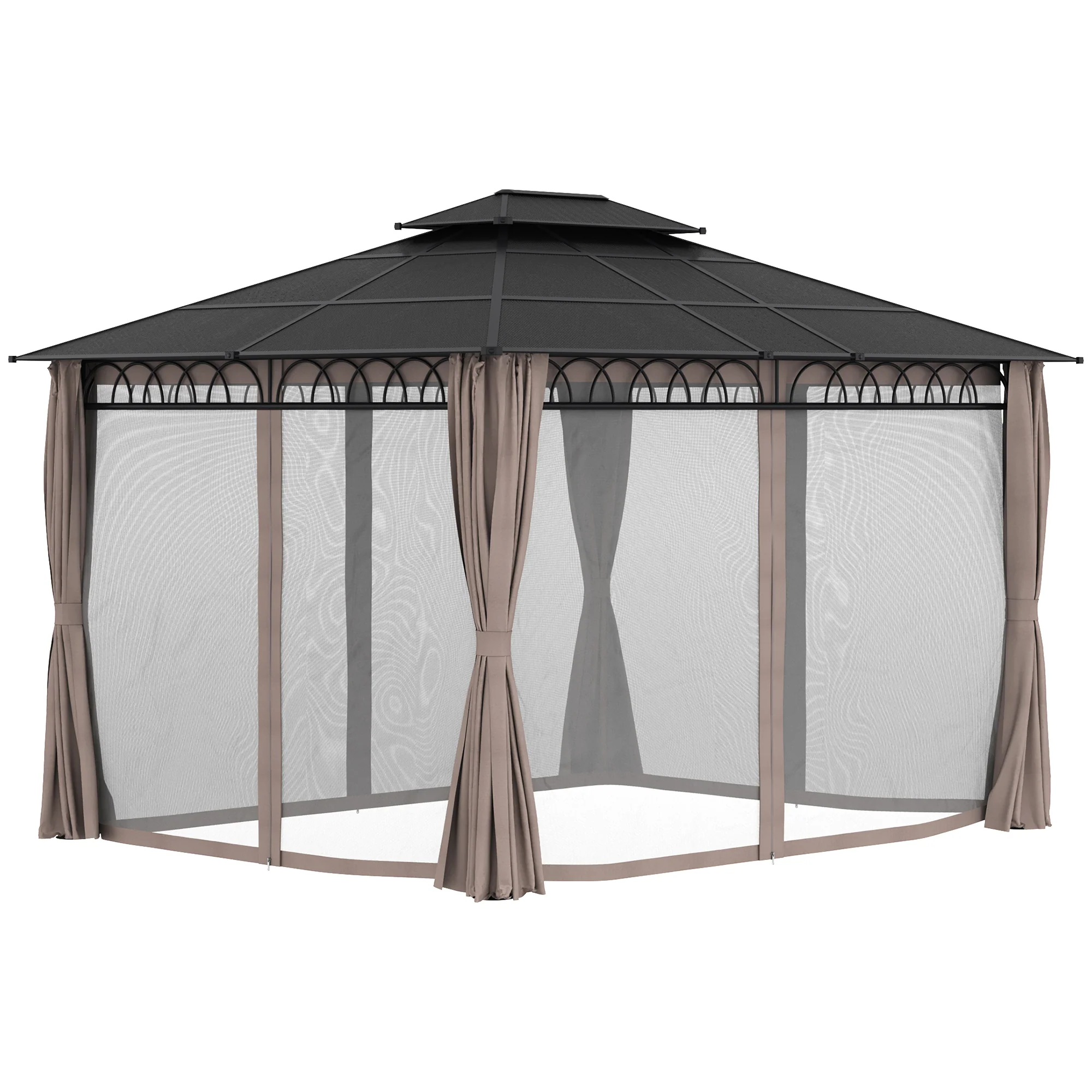 10' x 12' Outdoor Gazebo Canopy with Polycarbonate Roof, Nettings and Curtains, Khaki - Image 10