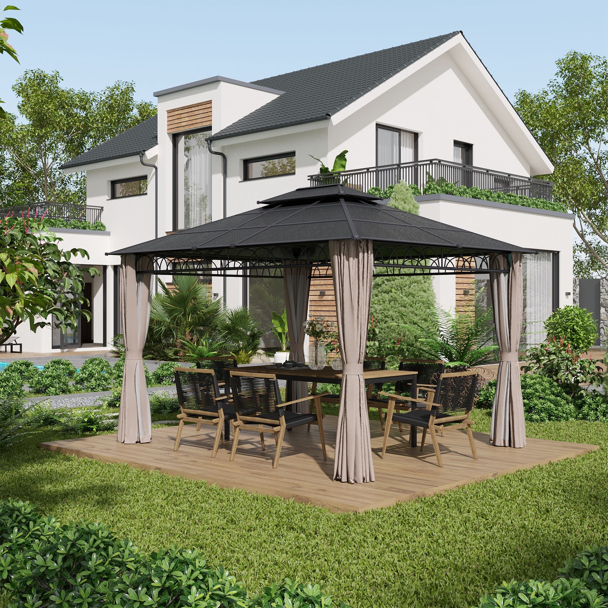 10' x 12' Outdoor Gazebo Canopy with Polycarbonate Roof, Nettings and Curtains, Khaki - Image 3
