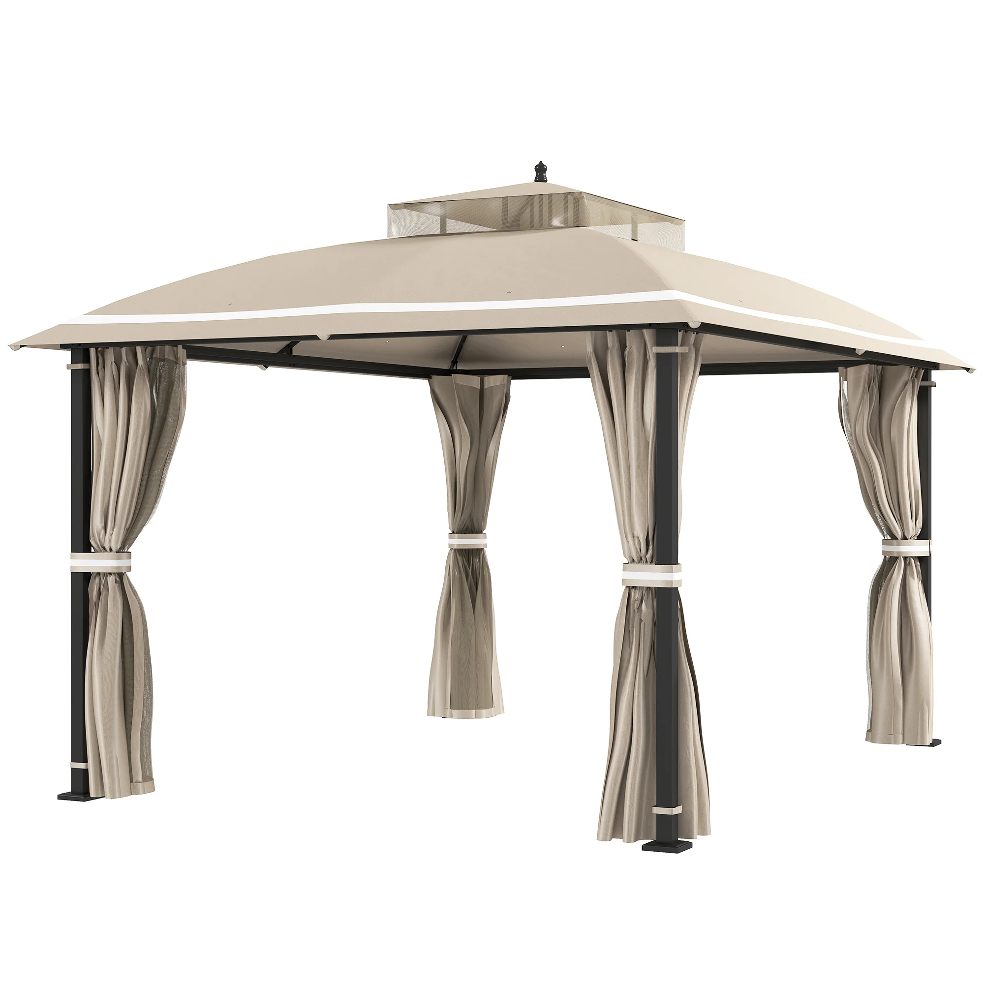 10' x 12' Double Roof Gazebo with Mosquito Netting & Curtains, Beige - Image 2