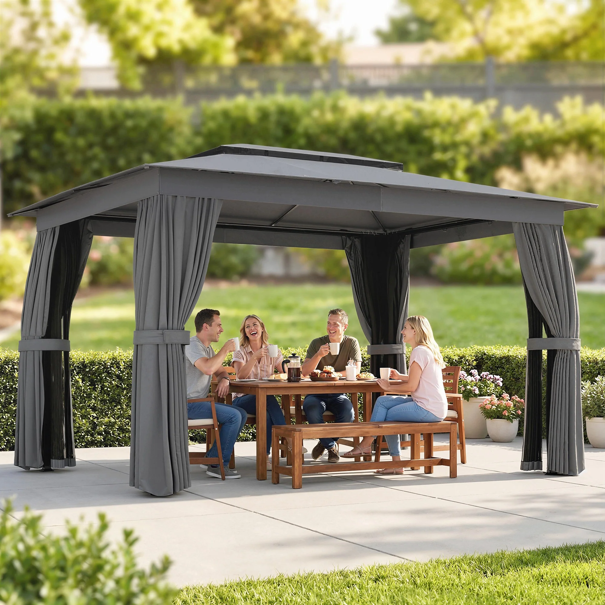 10' x 12' Soft Top Gazebo Canopy Shelter with Double Roof, UPF30+ Protection for Lawn, Backyard, Deck, Dark Gray - Image 4