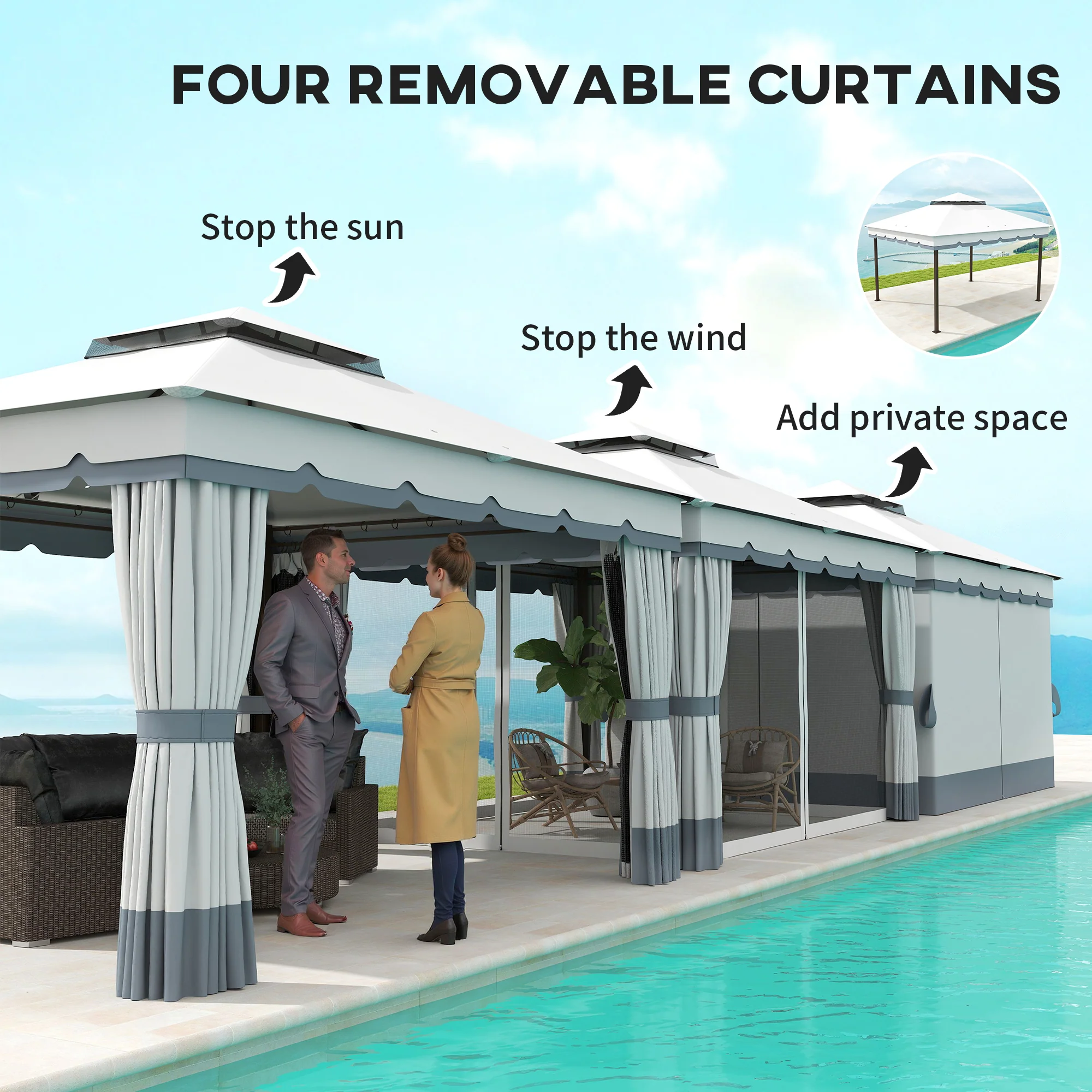 10' x 12' Double Roof Gazebo with Netting & Curtains, Light Grey - Image 8