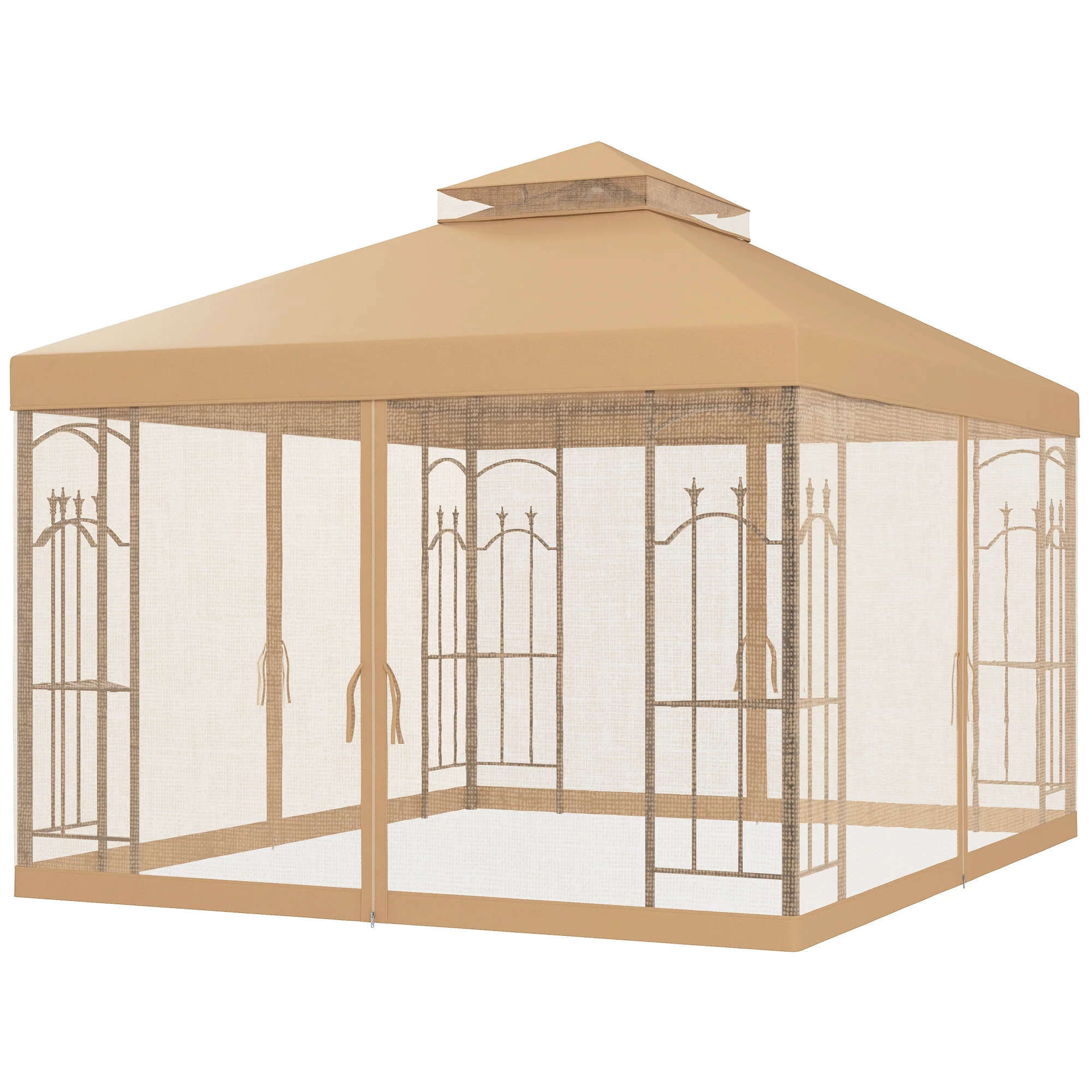 10' x 12' Patio Gazebo with Corner Frame Shelves, Double Roof Outdoor Gazebo Canopy Shelter with Netting for Patio, Wedding, Catering & Events, Brown - Image 2