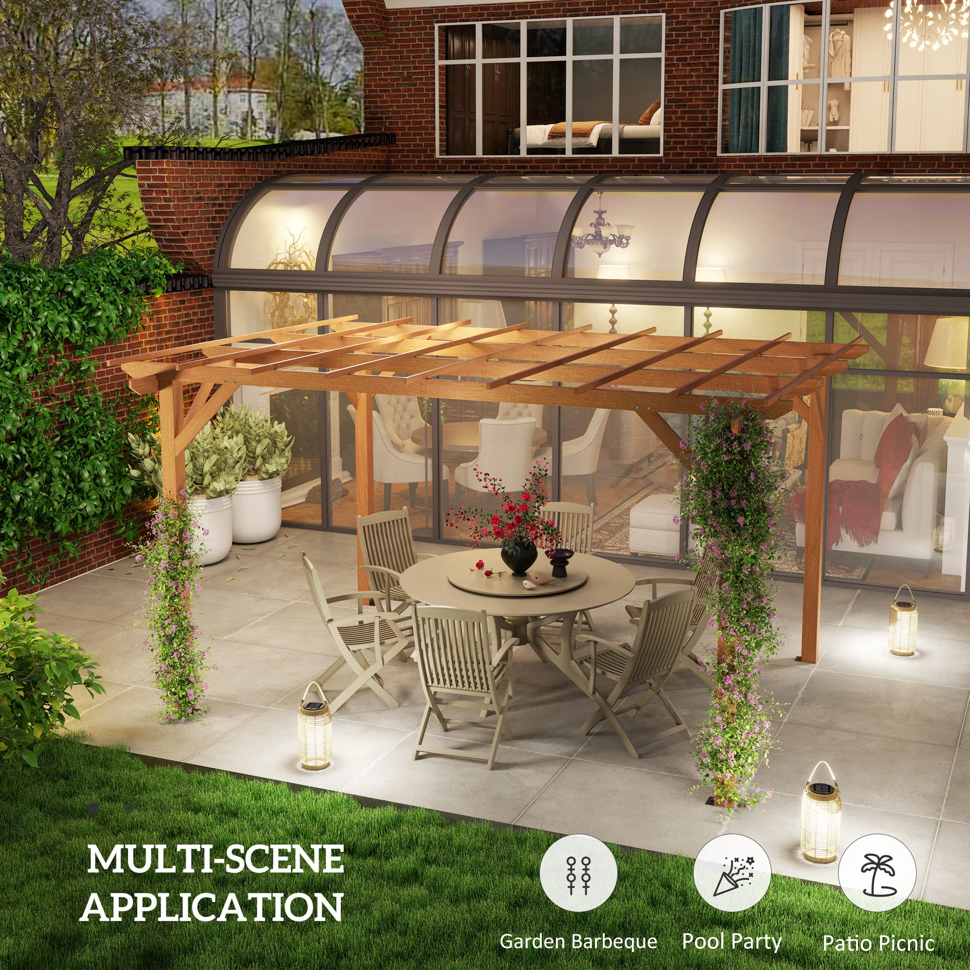 10' x 13' Outdoor Pergola, Wood Gazebo Grape Trellis with Stable Structure and Concrete Anchors for Climbing Plant Support, Garden, Patio, Backyard, Deck, Dark Brown - Image 10