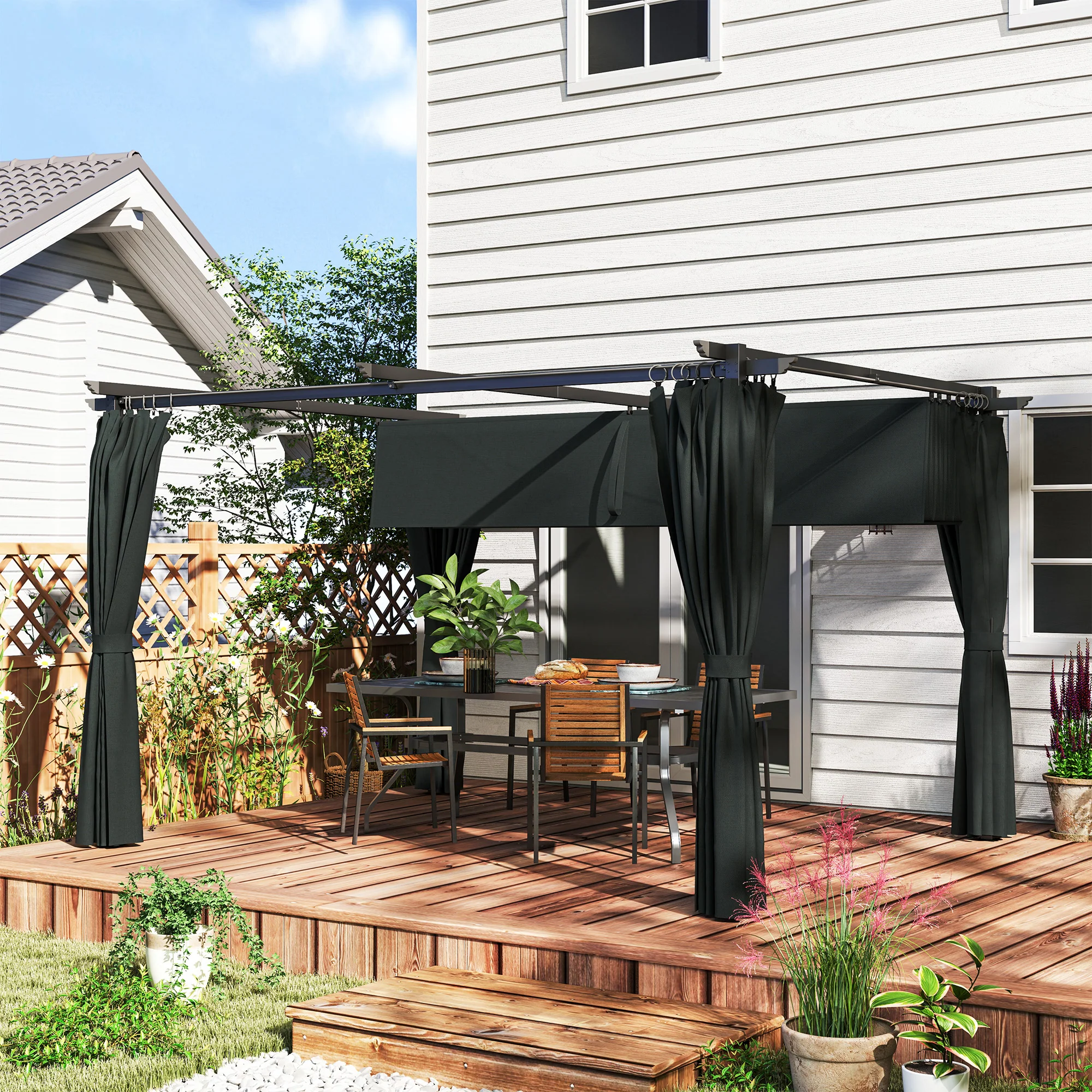 10' x 13' Retractable Pergola All Weather Resistant with UPF30+ Canopy & Privacy Curtains, Dark Grey - Image 3