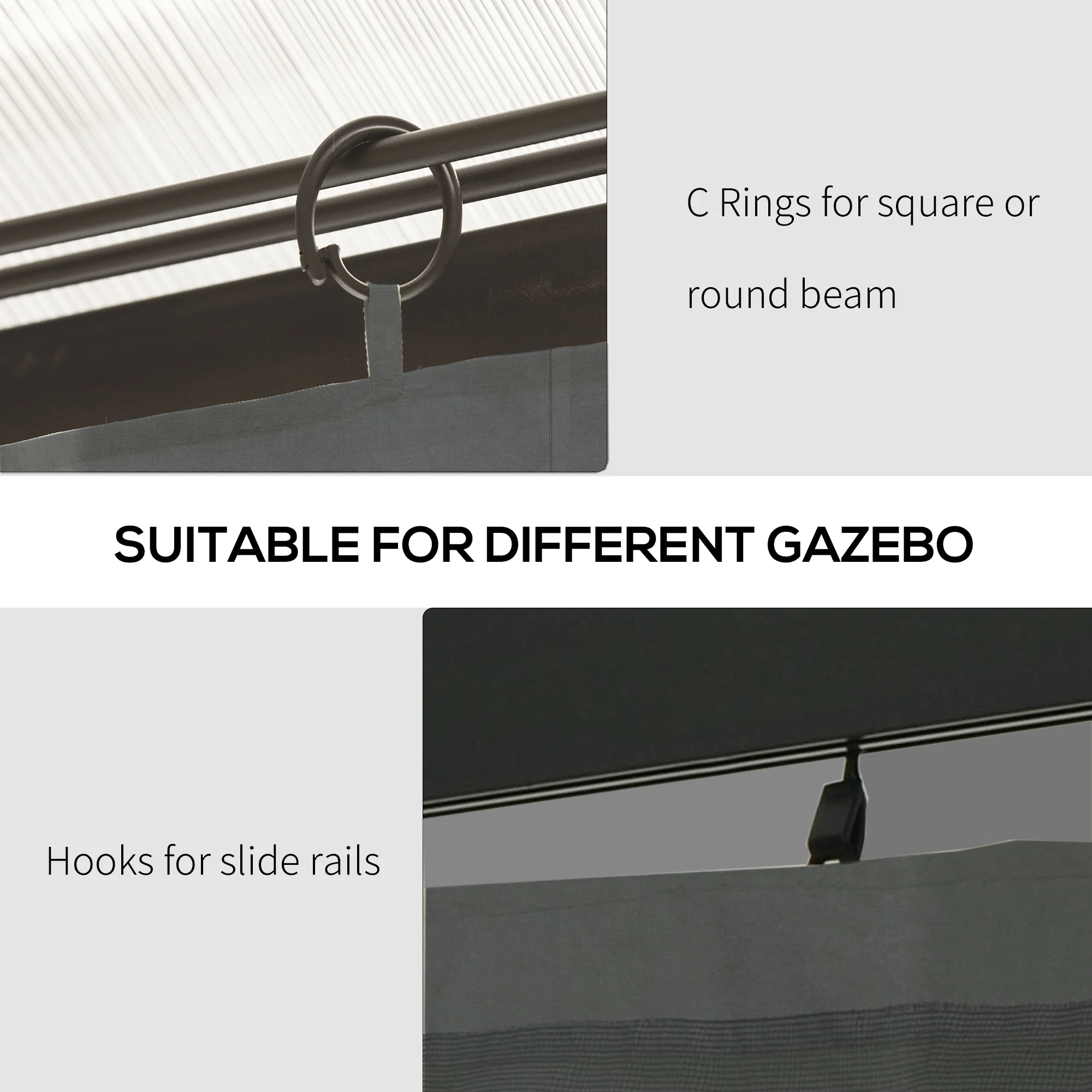 10' x 13' Universal Gazebo Sidewall Set with 4 Panels, Hooks/C-Rings Included for Pergolas & Cabanas, Light Grey - Image 8