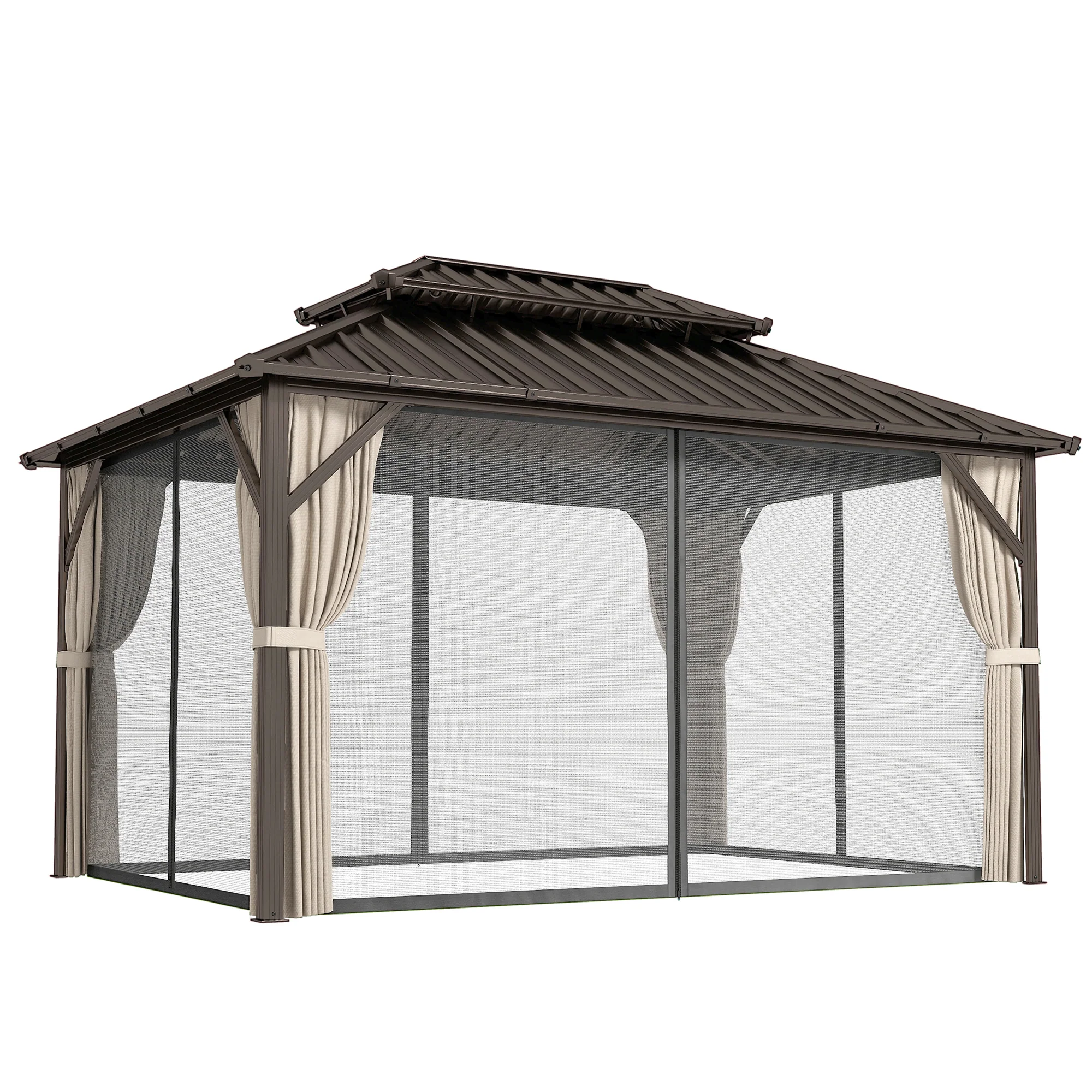 10' x 14' Hardtop Gazebo with UPF50+ Double Galvanized Steel Roof Canopy, Aluminum Frame Permanent Outdoor Gazebo with Curtains and Netting, Ceiling Hooks, Brown - Image 12