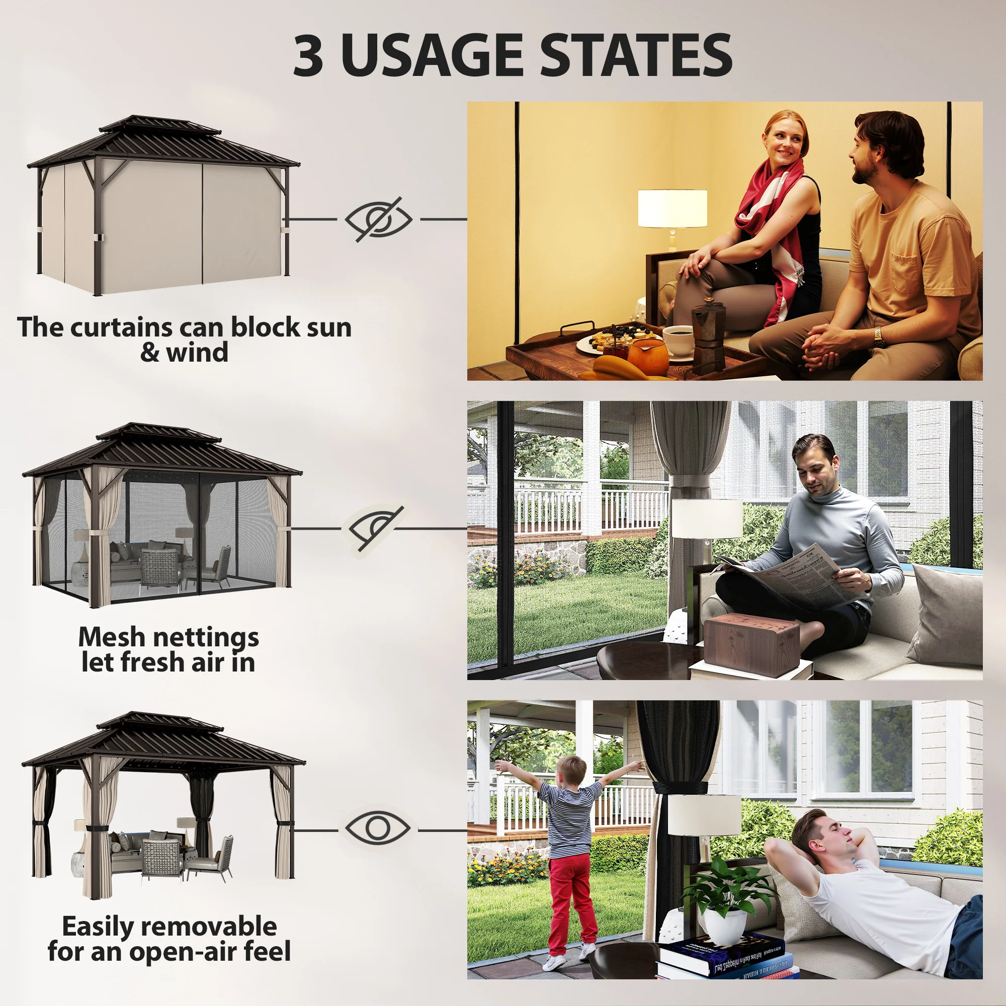 10' x 14' Hardtop Gazebo with UPF50+ Double Galvanized Steel Roof Canopy, Aluminum Frame Permanent Outdoor Gazebo with Curtains and Netting, Ceiling Hooks, Brown - Image 8