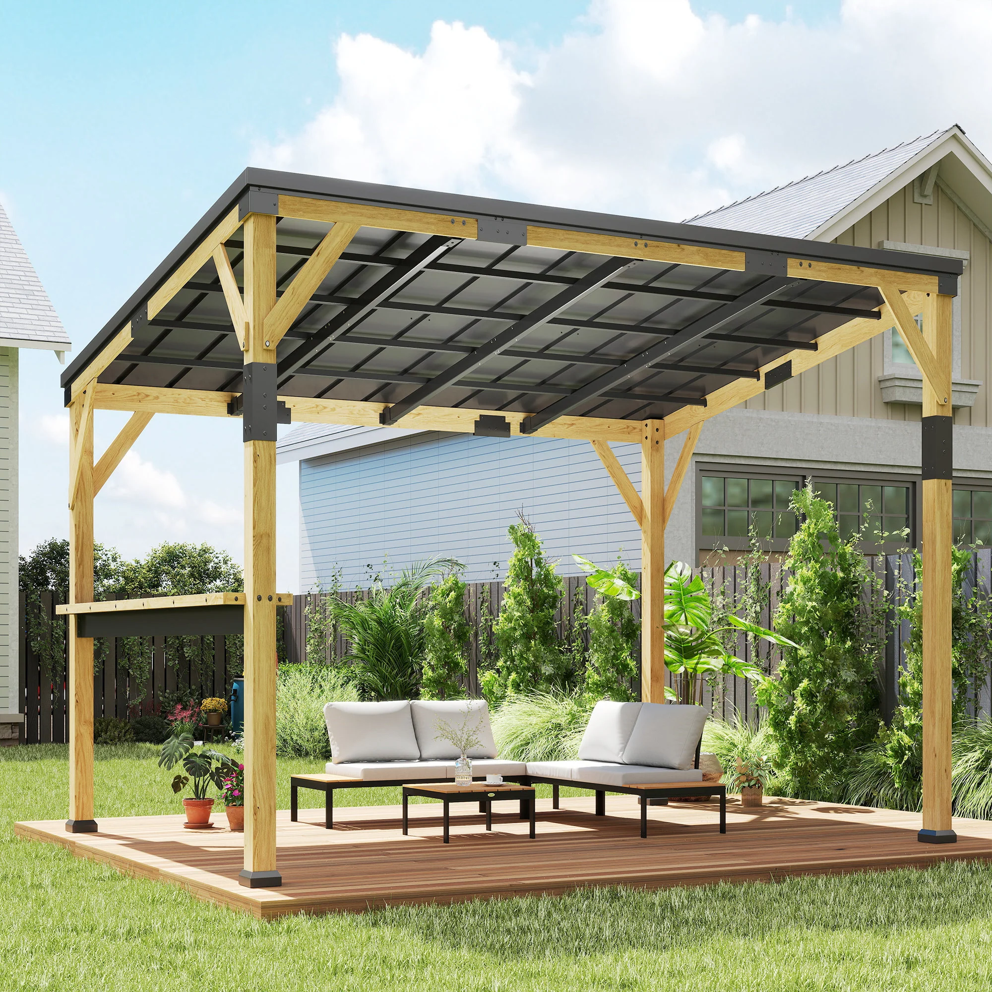10' x 14' Wooden Gazebo, Hardtop Lean-to Gazebo Pergola with Galvanized Steel Sloped Roof, Bar Shelf, Large Heavy Duty Awning for Patio, Deck, Backyard, Natural Wood - Image 9