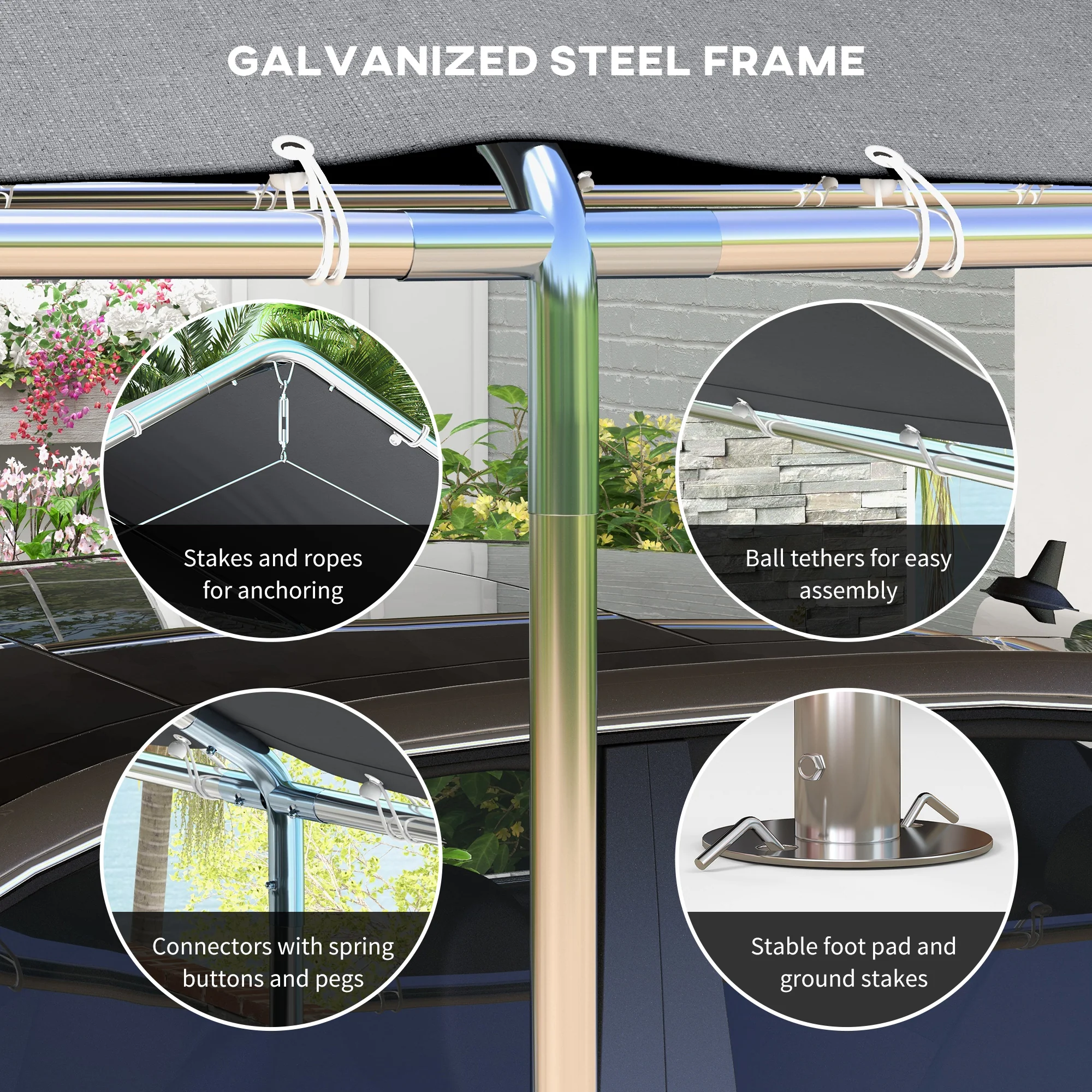 10' x 20' Galvanized Carport with Anchor Kit & Steel Cables, Grey - Image 7