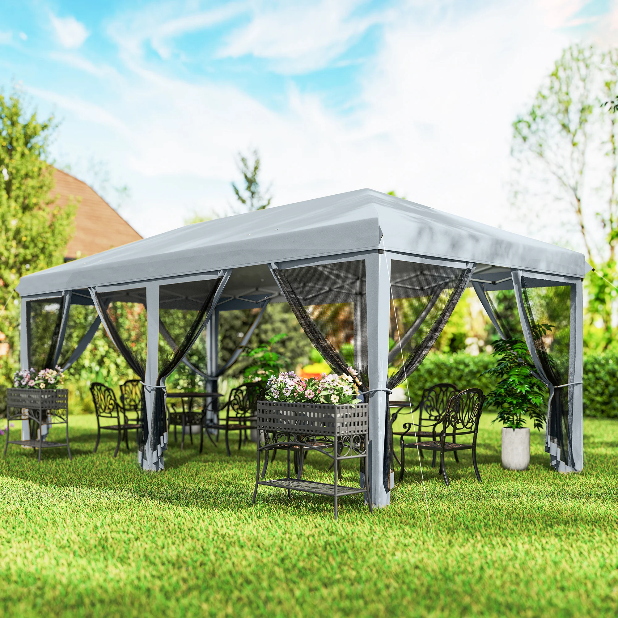 10' x 20' Pop Up Canopy Tent Gazebo with Removable Mesh Sidewall Netting, Carry Bag for Backyard Patio Outdoor, Grey - Image 4