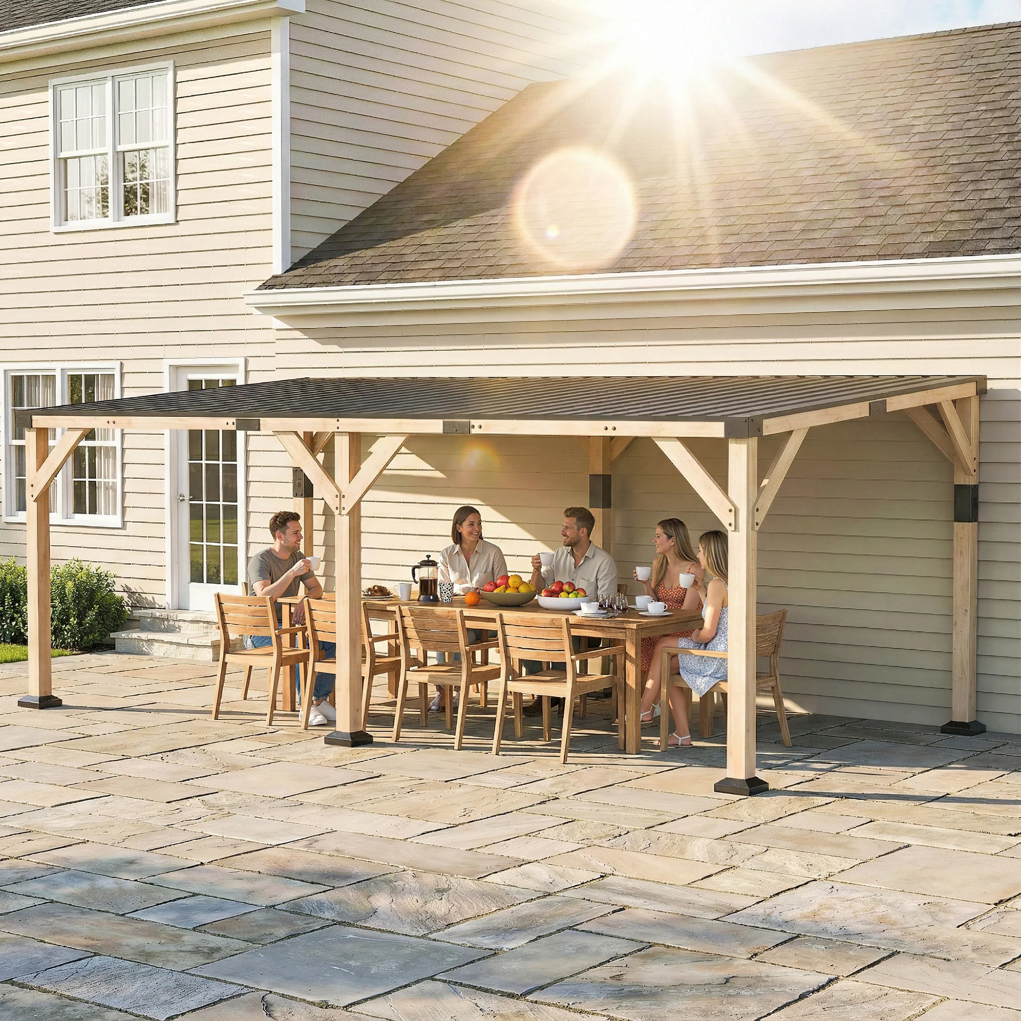 10' x 20' Wooden Pergola with Galvanized Steel Sloped Roof, Light Walnut - Image 3