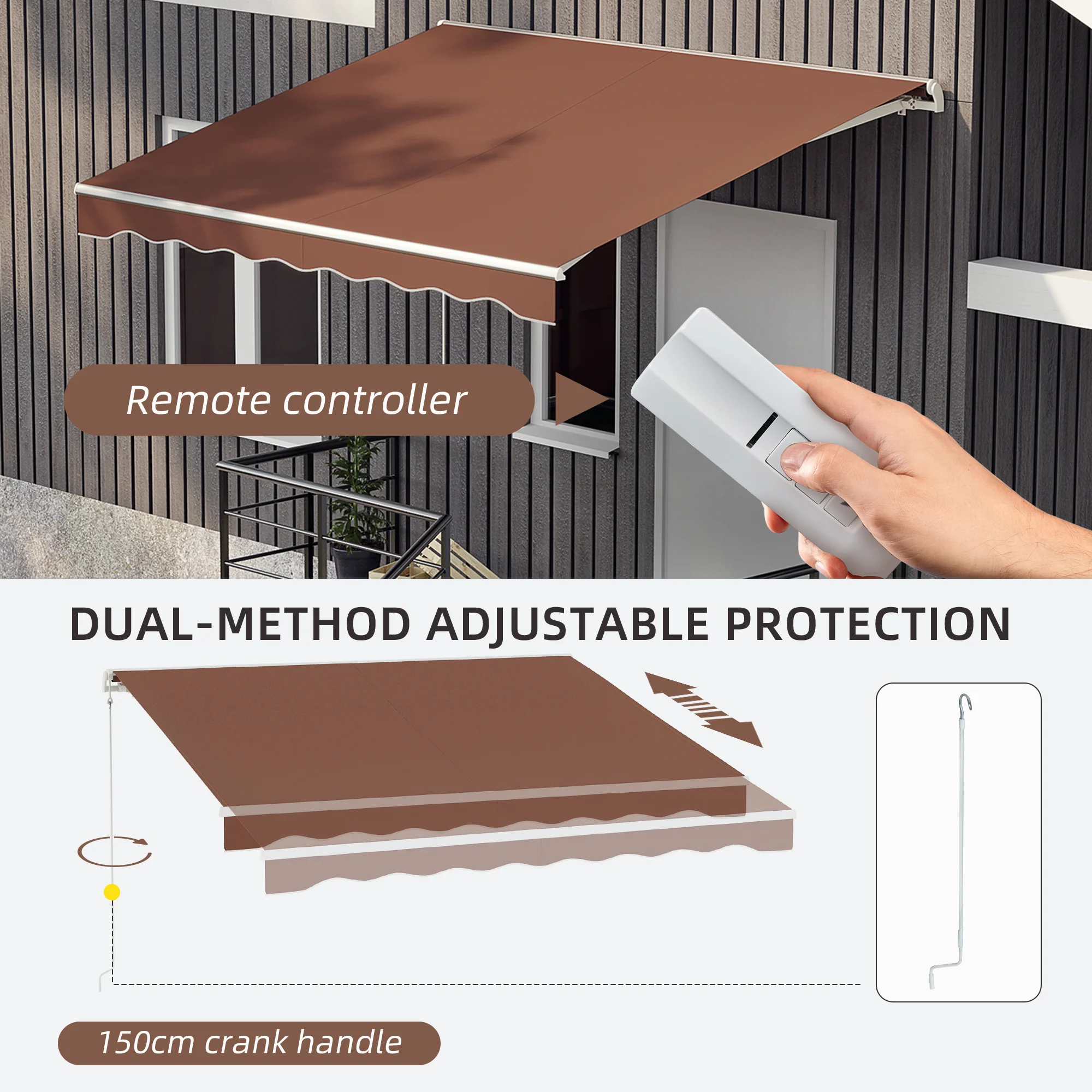 10' x 8' Electric Retractable Awning with Remote Control & Manual Crank Handle, Coffee - Image 7
