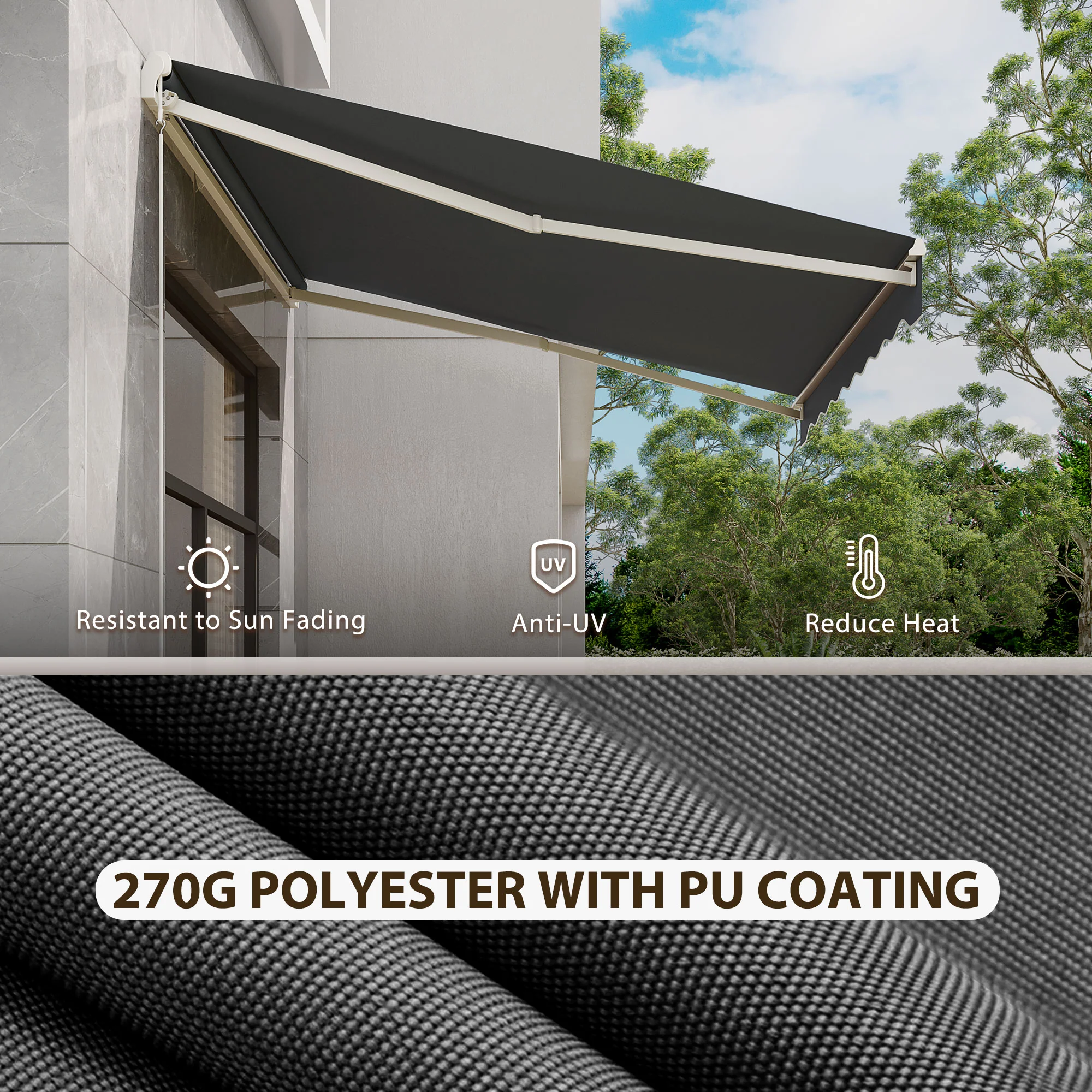 10' x 8' Electric Retractable Awning with Remote Control & Manual Crank Handle, Grey - Image 6
