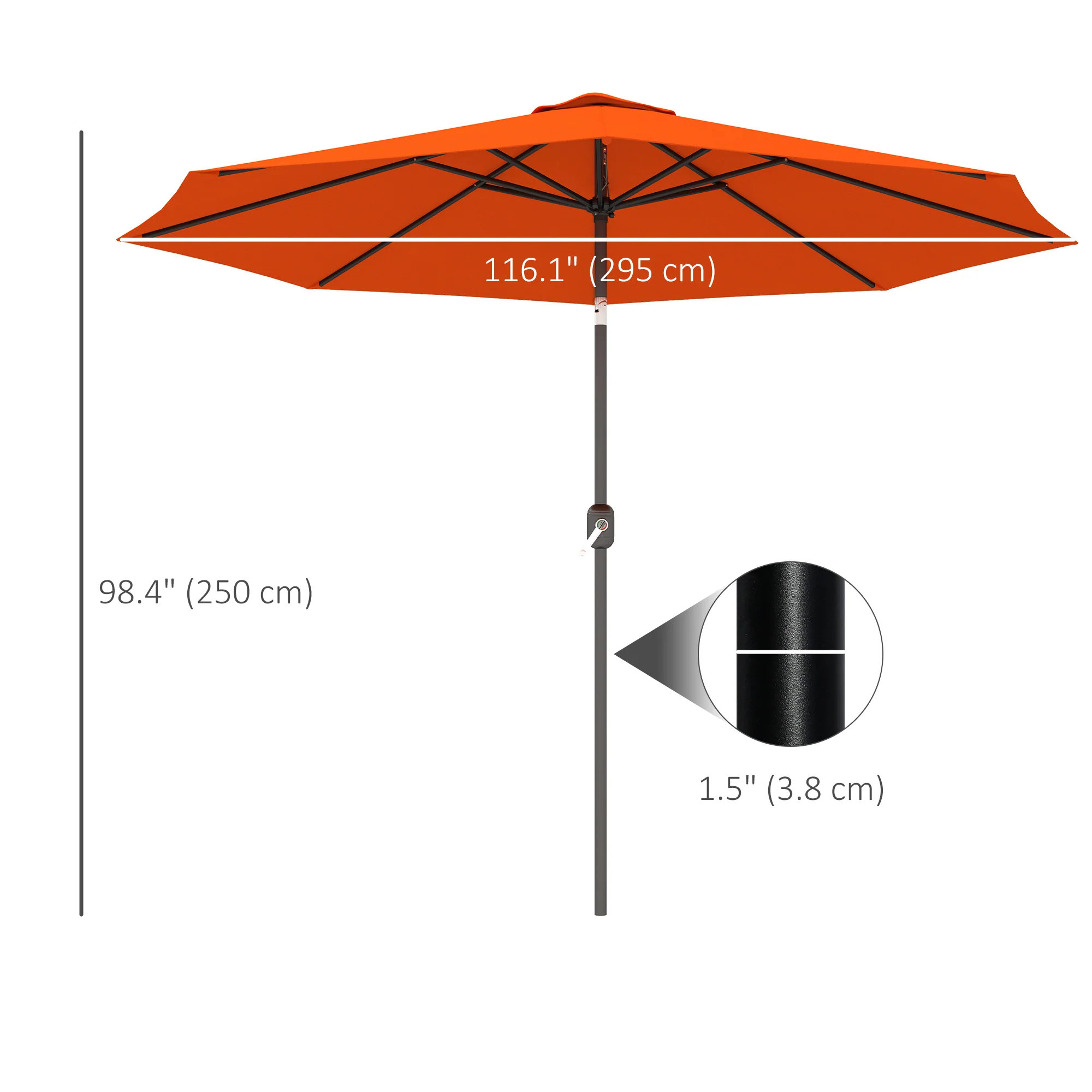 10' x 8' Round Market Umbrella, Patio Umbrella, Outdoor Parasol with Crank Handle, Tilt for Garden, Bench, Lawn, Orange - Image 5