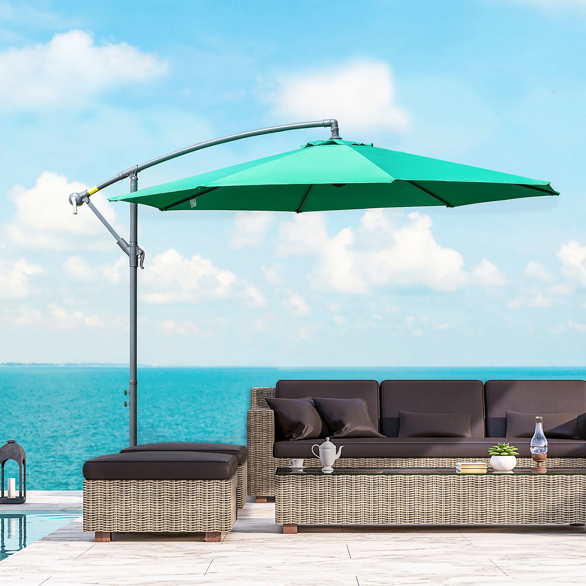 10' Offset Cantilever Patio Umbrella with Base & Crank, Green - Image 3